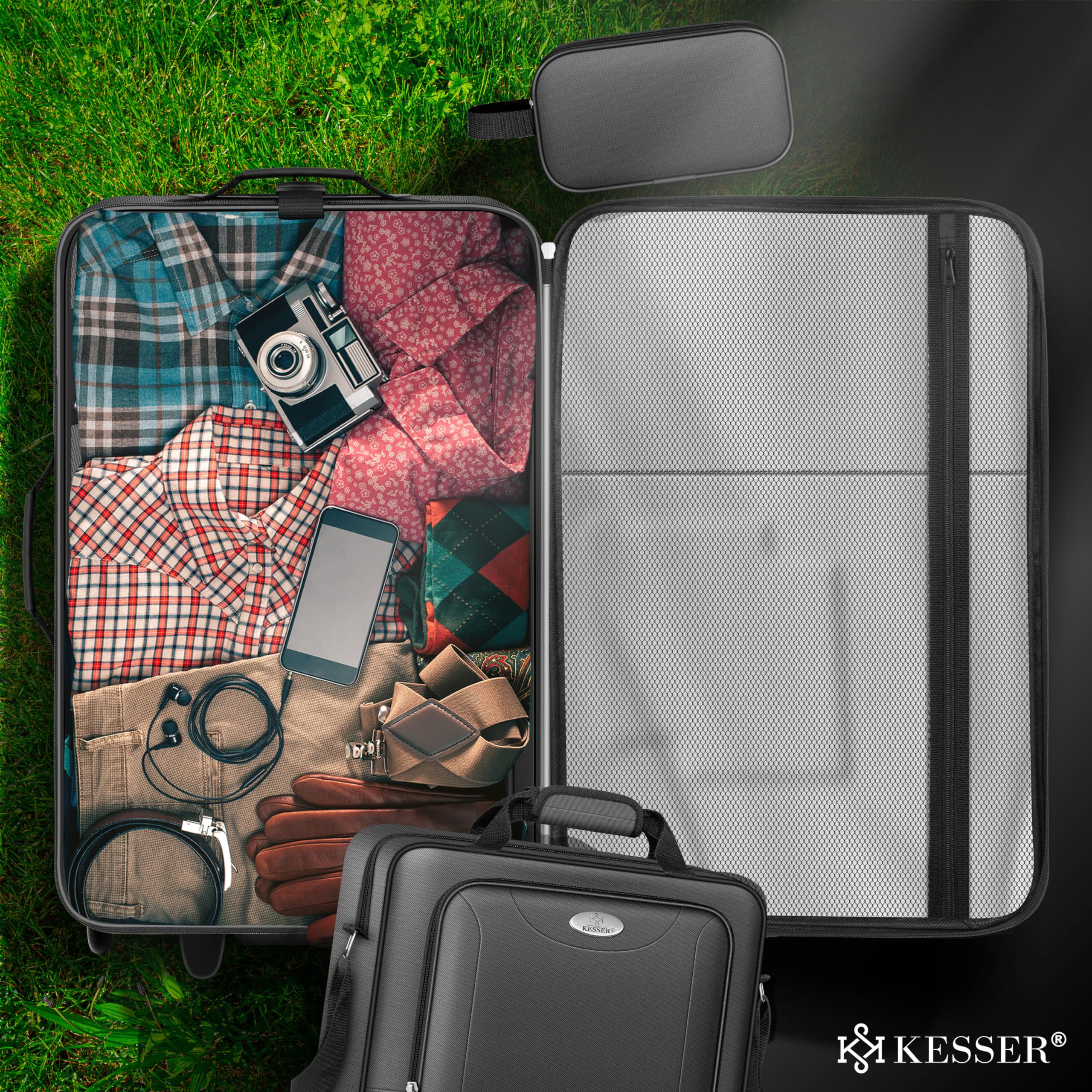 KESSER® Set di 4 valigie da viaggio con ruote, set completo da 4 pezzi, S M L XL, scomparto a rete, ruote, manico telescopico, valigetta da viaggio, bagaglio a mano, antracite.