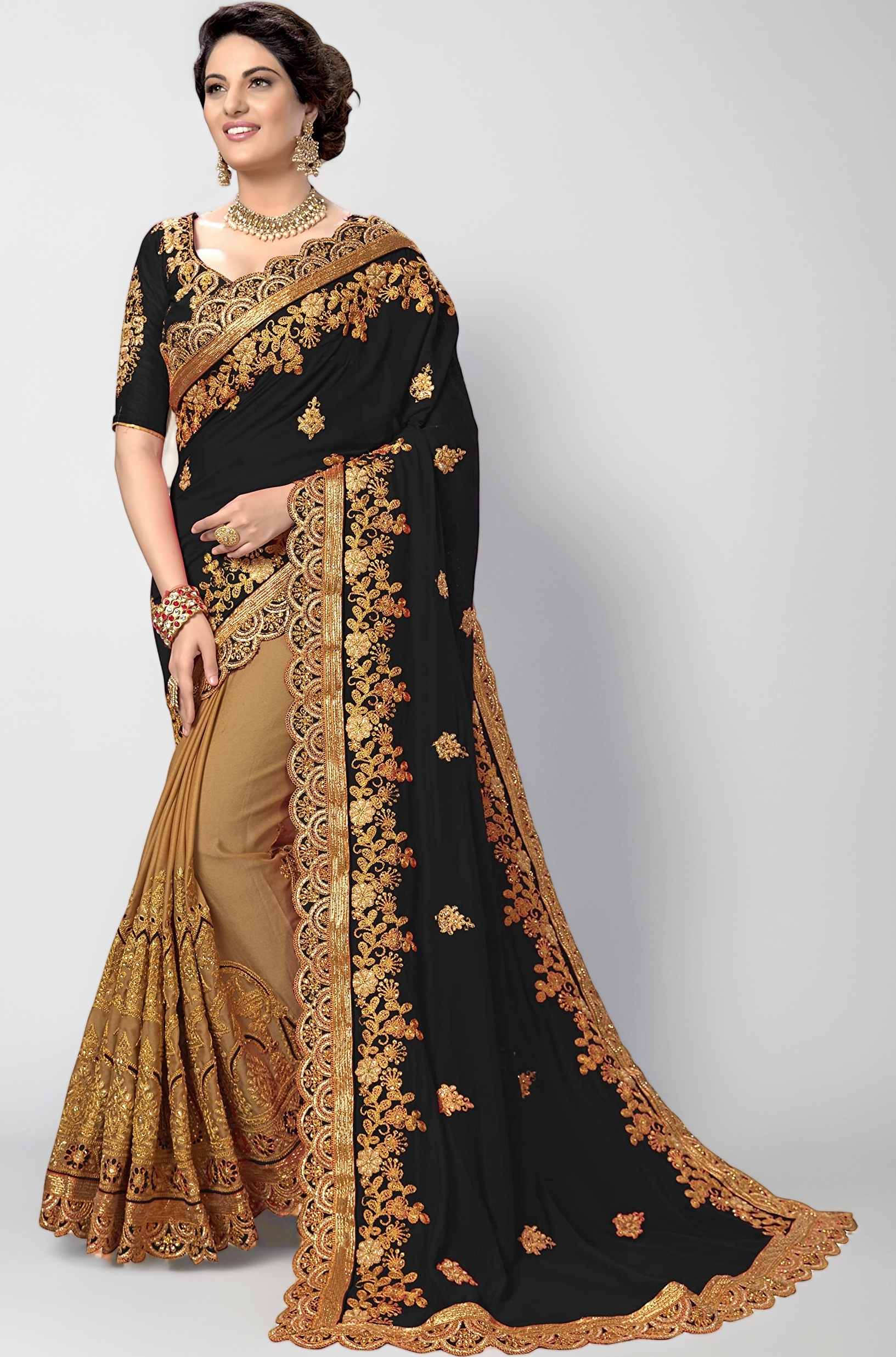 TRENDMALLS Women's Silk Satin Embroidery Work Saree with Unstitch Blouse Piece Half Half Saree fro Women