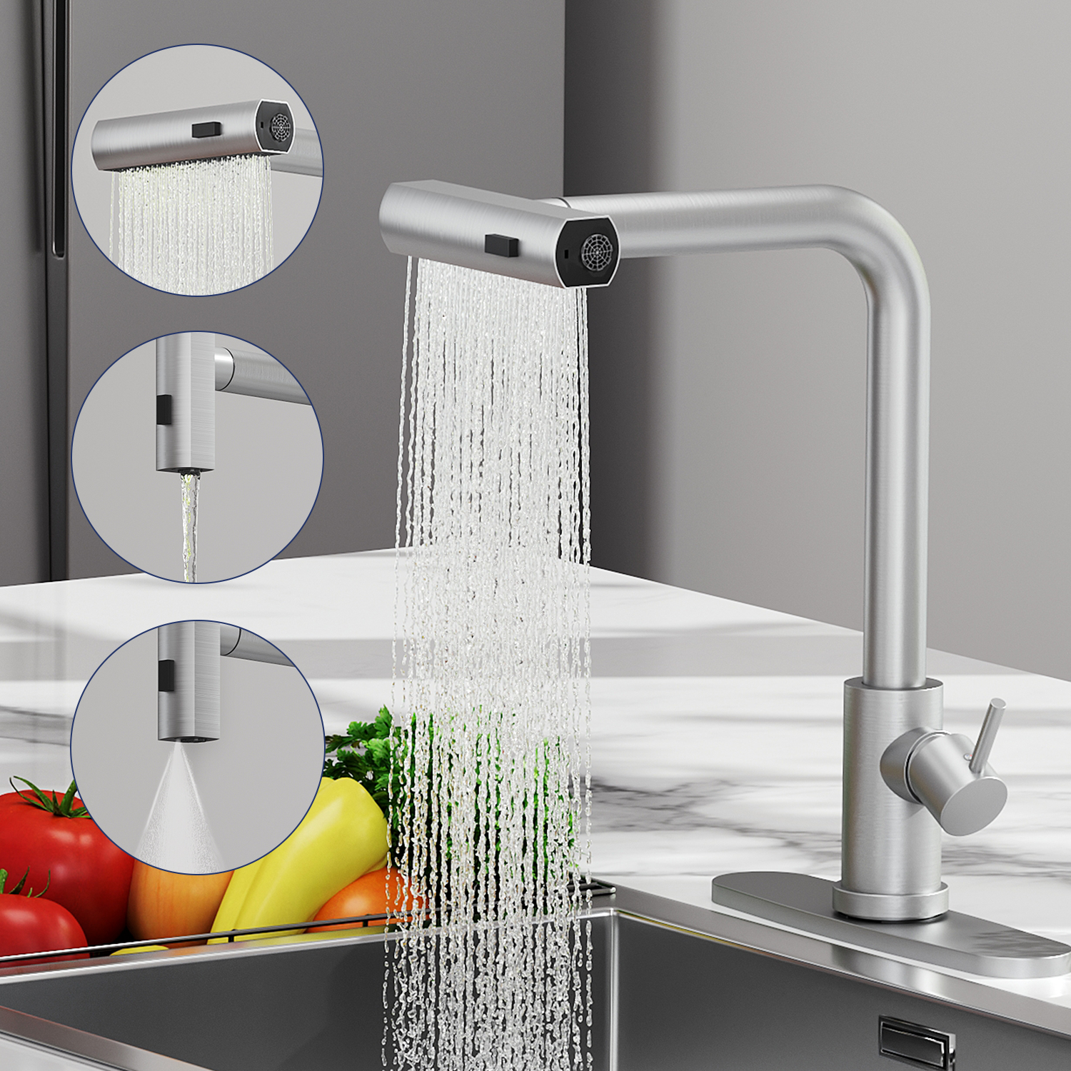 Grifos De Cocina De Cascada Con Pulverizador Extraíble Níque
