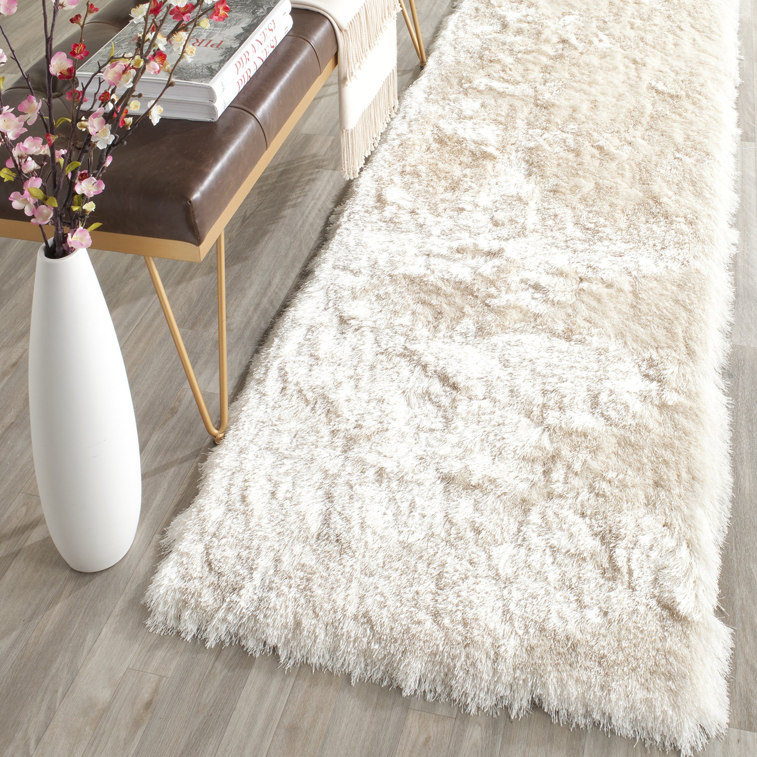 SAFAVIEH Paris Shag Collection Runner Rug - 2'3" x 14', Ivory, Handmade Silken Glam, 2.5-inch Thick Ideal for High Traffic Areas in Living Room, Bedroom (SG511-1212)
