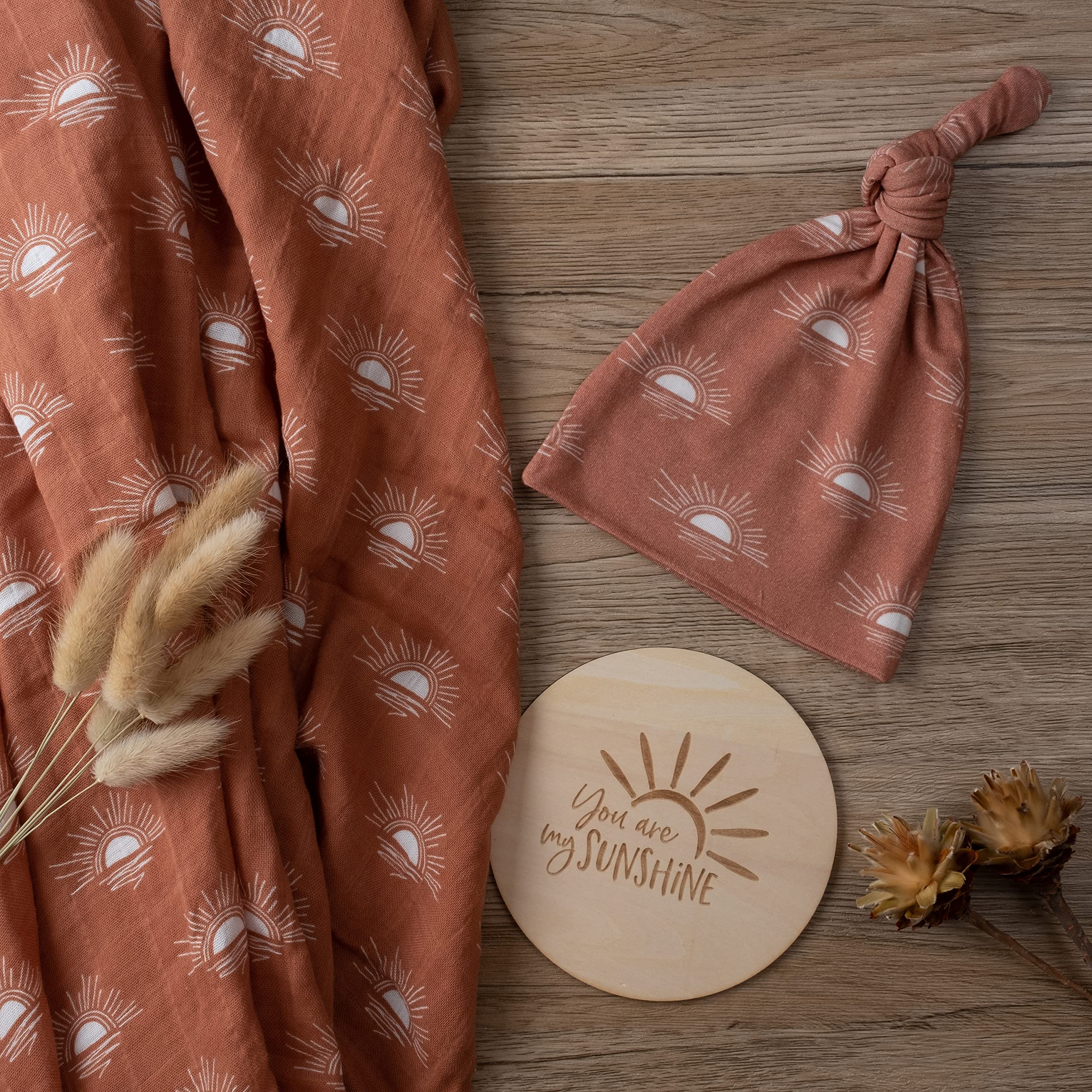 Miaoberry 100% Organic Cotton Muslin Swaddle Blanket Set - Boho Sunset Design, 47x47 Inches, With Matching Hat - View #4