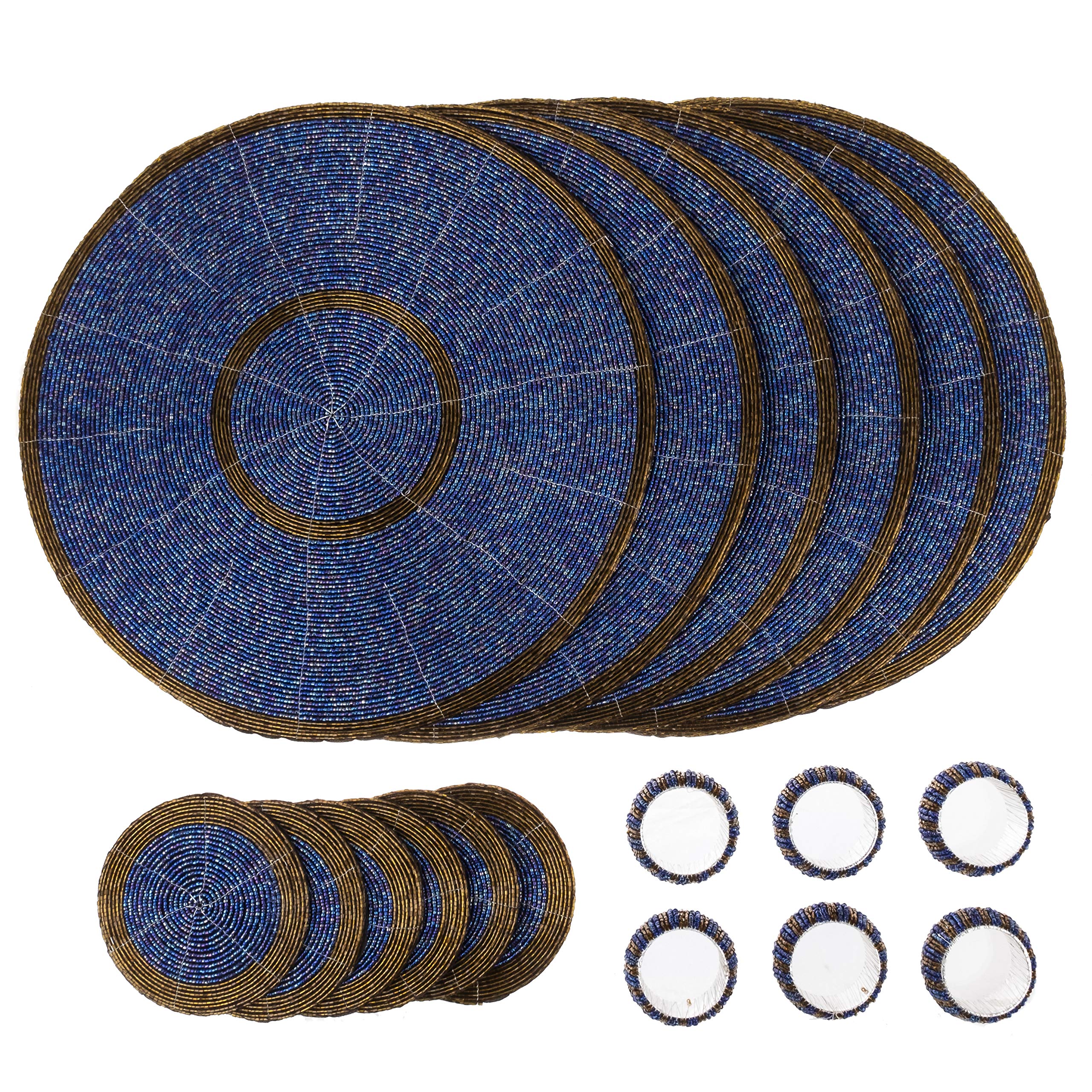Penguin Home 18pc Glass Beaded Placemats Coasters Napkin Rings - Blue & Antique Gold