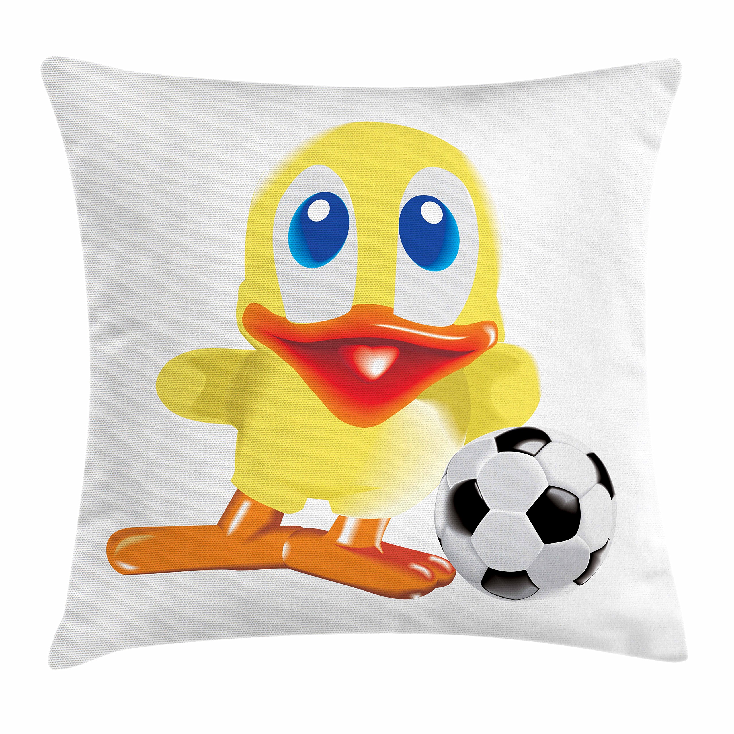 Lunarable Duckies Throw Pillow Cushion Cover, Happy Soccer Themed Cartoon Style Modern Duck Illustration and Football Sport Print, Decorative Square Accent Pillow Case, 18