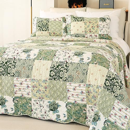Cmfshape Summer Floral Queen Quilted Bedspread,Romantic Green Quilt Set,Reversible Stitched Bedding Cover All Season,Soft Lightweight Coverlet with Pillow Cases (Green&White, Queen90 x90)
