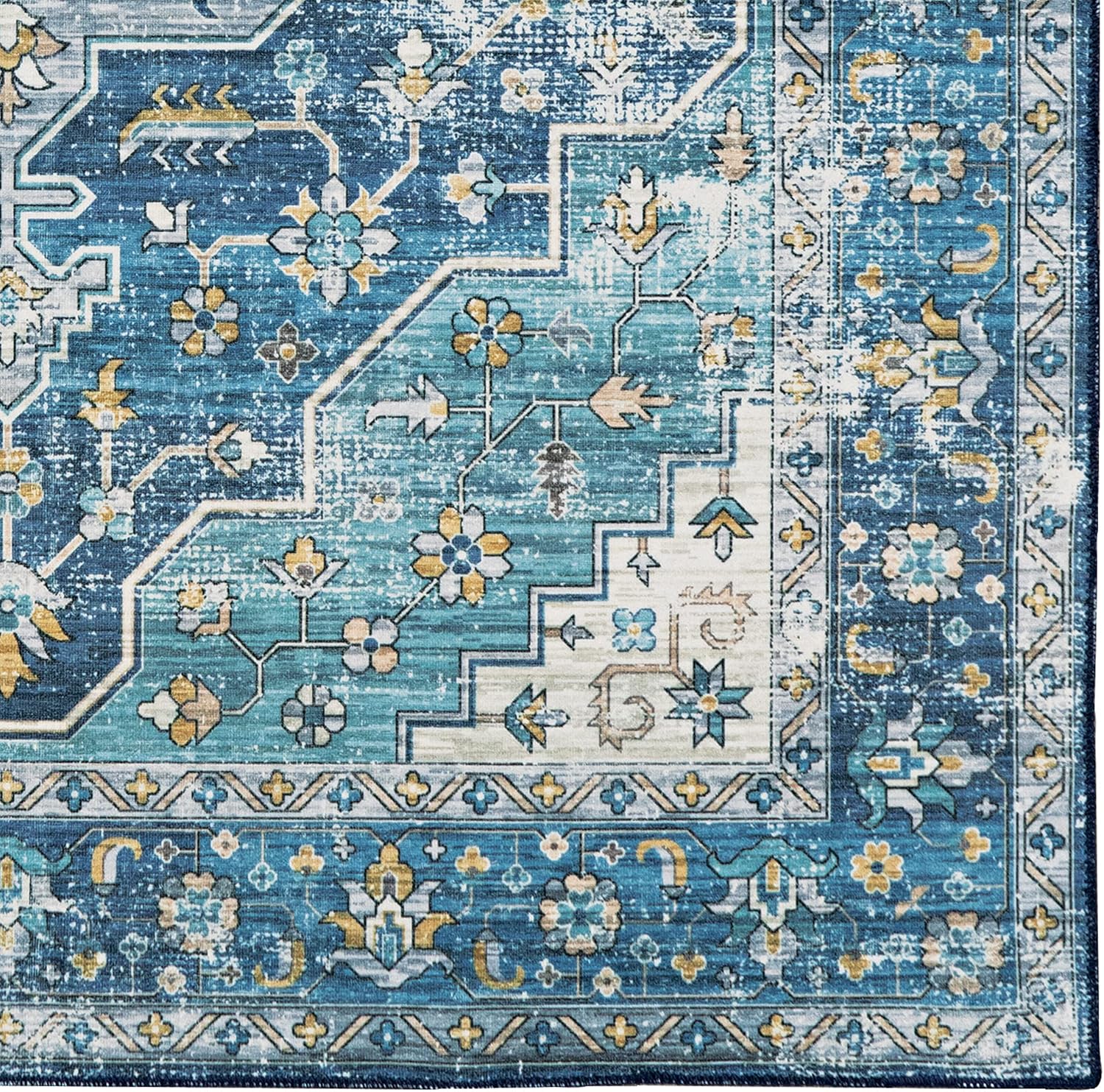Linon Home Decor Products The Anywhere Washable Rug Firenz Teal & Ivory 3' X 5' Accent Rug