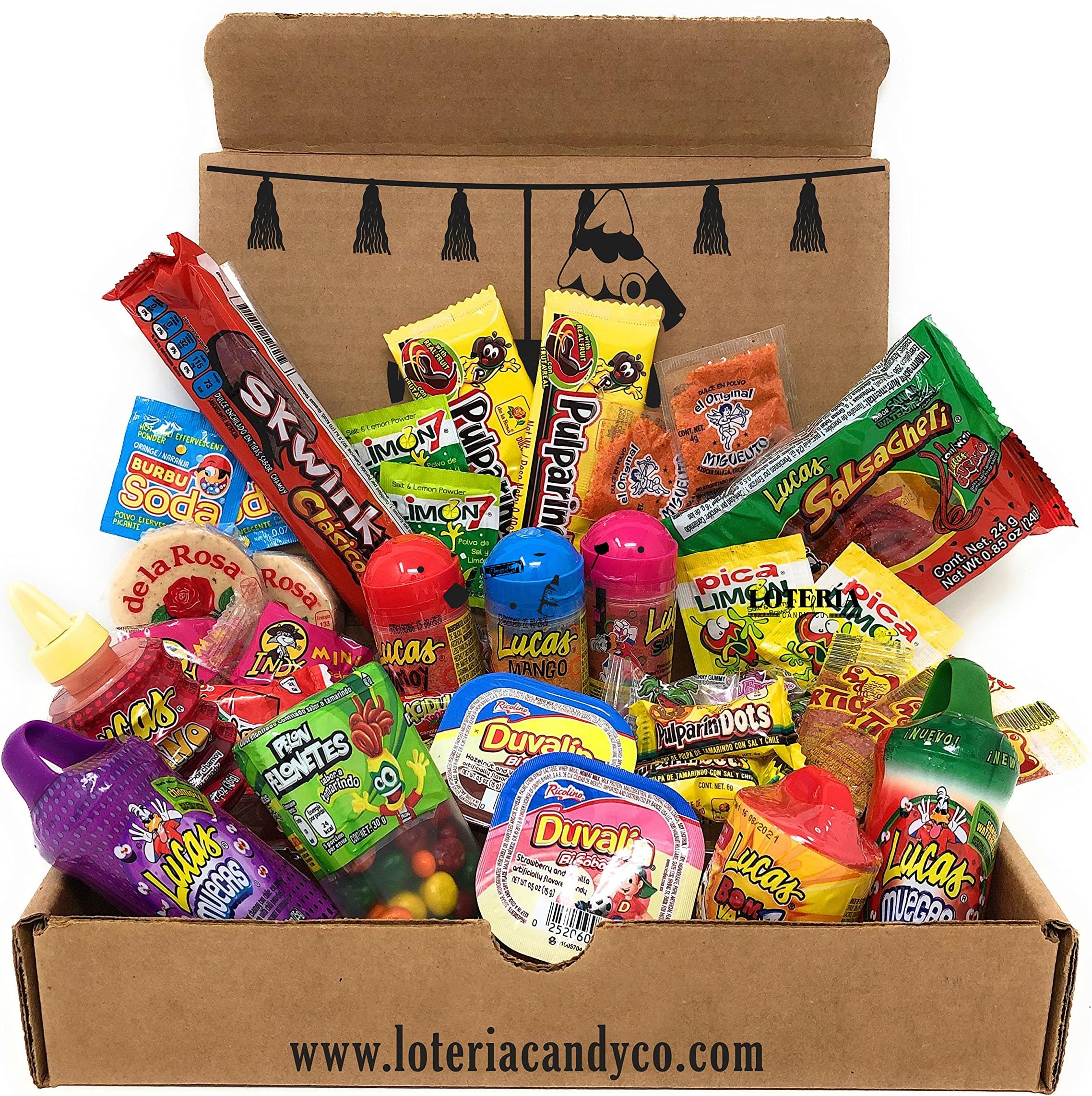 Loteria Candy Co. Ultimate Mexican Care Box Premium Selection (Lucas, De La Rosa, Indy, Vero, Anahuac, Miguelito, Pelon plus Limited Edition IGUEY Tamarind Cover Lollipop) Mexican Candy