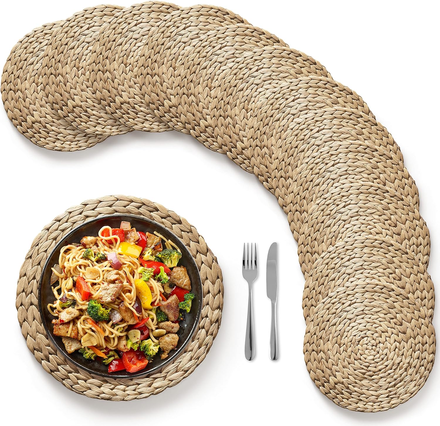 (Sizes:12"-13'') BLUEWEST Woven Placemats (Set of 12), Round Rattan Placemats, Braided Water Hyacinth Wicker Mats, Heat Resistant & Non-Slip for Dining Plates (12'')