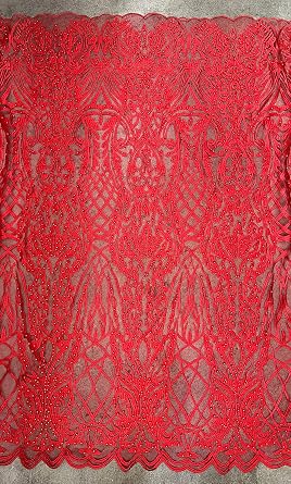 Sabrina RED Faux Pearls Beaded Lace Embroidery on Mesh Fabric by the Yard - 10098