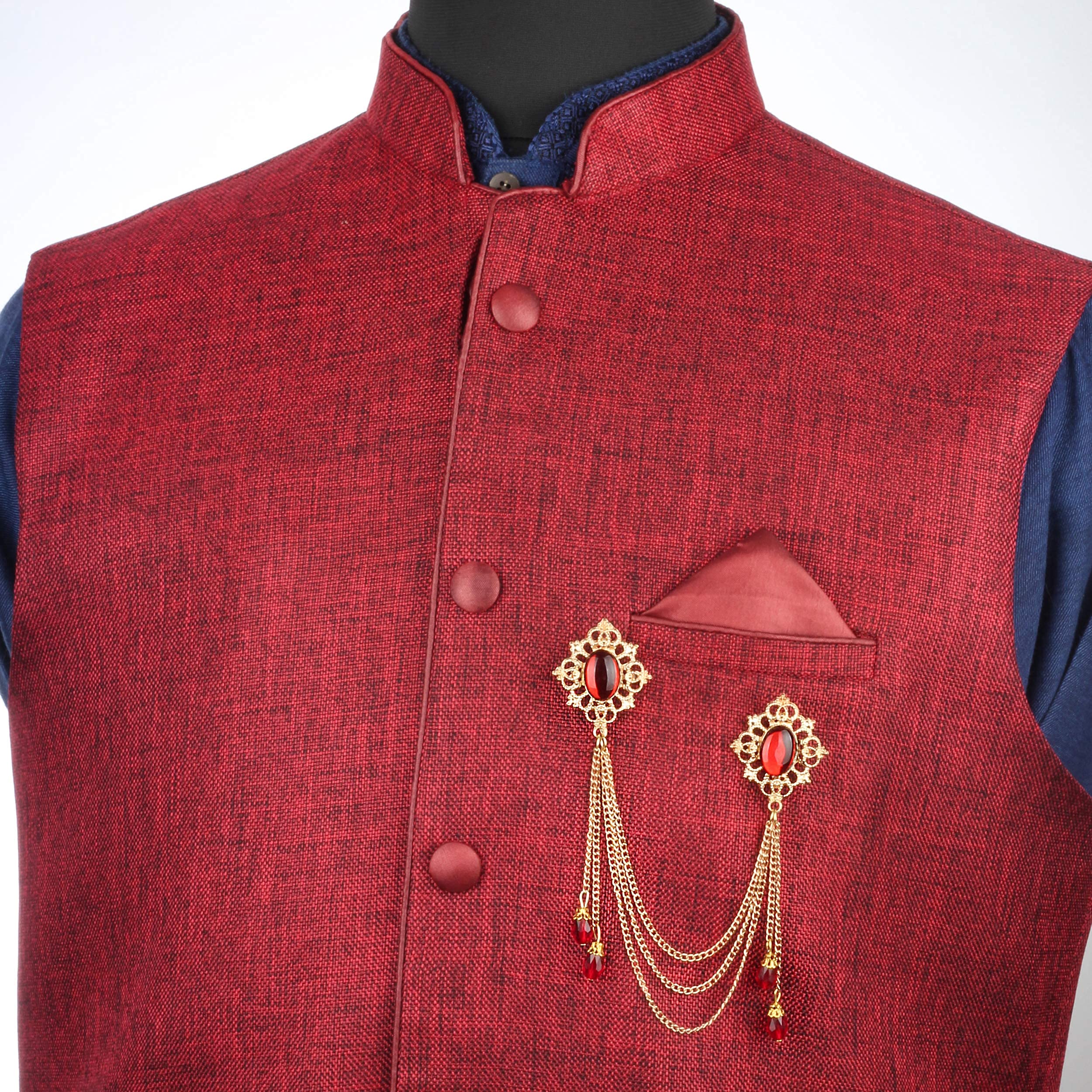Panjatan Crown Framed Red Pearl Brooch with Hanging Crystal & Gold Chain – Elegant Pin for Sherwani, Indo Western, Suit, Blazer & Kurta 1