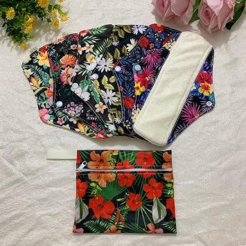 7pcs/Set Resuable Menstrual Pad Set Including 1Pc Mini Wet Bag + 6Pcs Organic Bamboo Light/Regualr Flow Cloth Menstrual Pads Waterproof Mama Cloth Sanitary Napkin Pads (Randomly Prints)