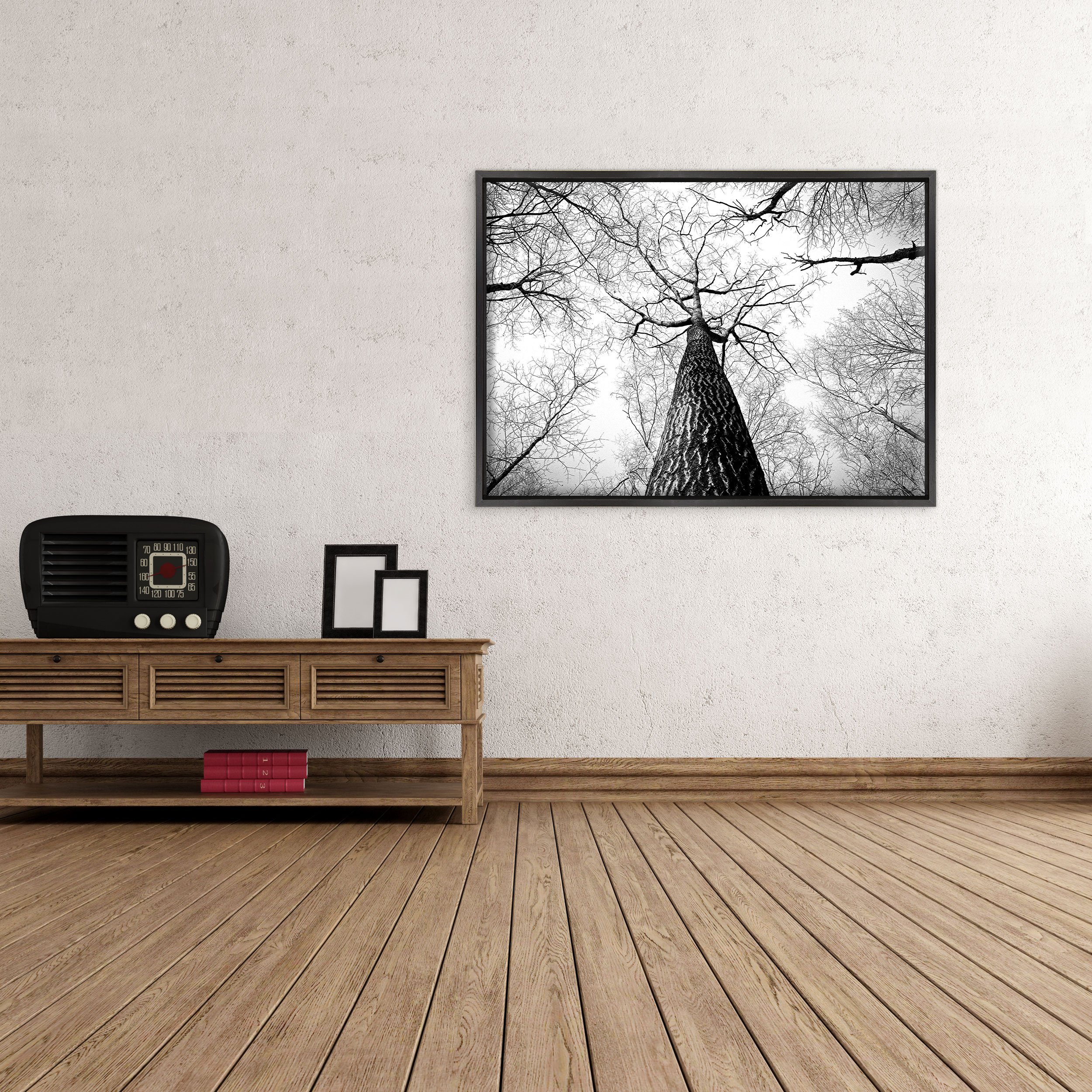 QUADRO SU TELA CANVAS INTELAIATO - CON CORNICE - Alberi Foresta Bianco e Nero - Paesaggio Natura Panorama - 70x100cm - Stile Moderno Nero- (cod.4356)