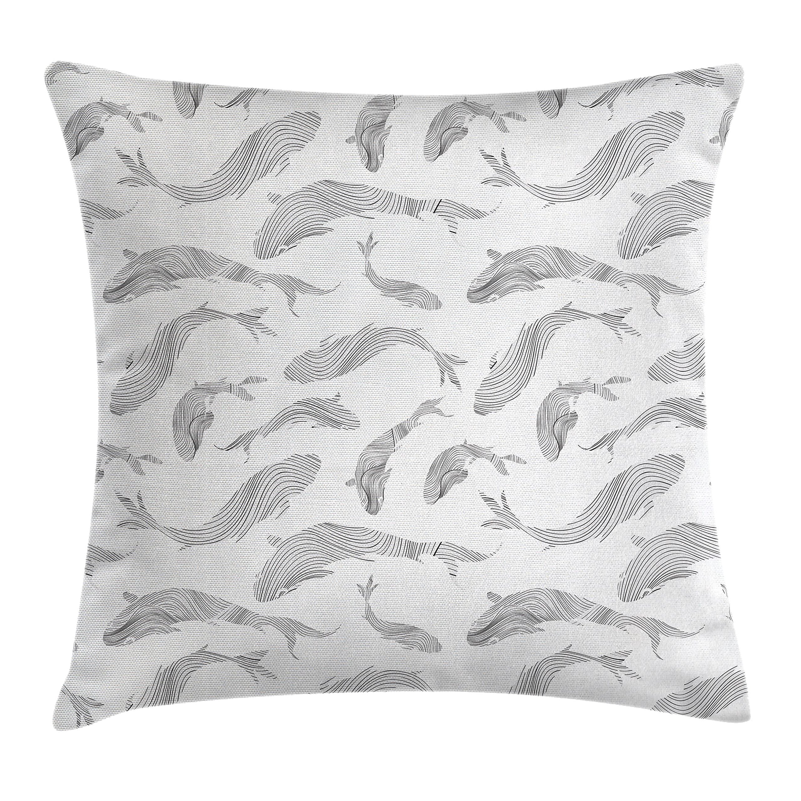 Ambesonne Fish Throw Pillow Cushion Cover, Minimalist Fish Pattern with Stripes Tropical Fauna Tail Hand Drawn Nautical Theme, Decorative Square Accent Pillow Case, 18" X 18", Grey White
