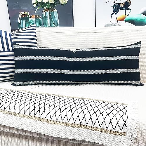 Miniatura 7 de Slow Cow Fundas de almohada rectangulares de lino blanco y negro a rayas decorativas para sofá lumbar de 12 x 33 pulgadas
