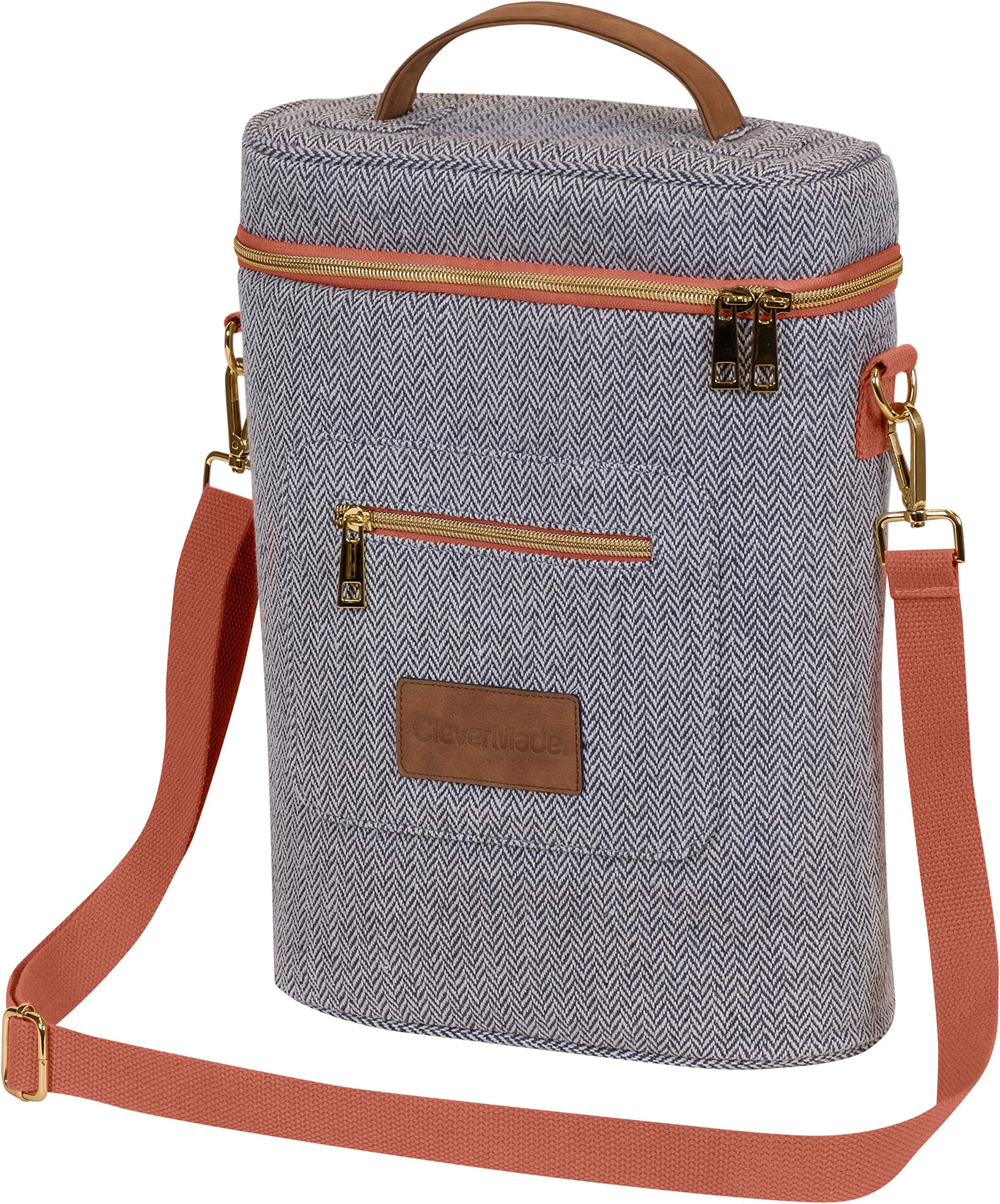 CleverMade 2 Bottle Wine Tote Carrier; Insulated Wine Cooler Bag with Adjustable Shoulder Strap and Carry Handle for BYOB Restaurants, Wine Tasting, Dinner Parties, and Picnics; Herringbone
