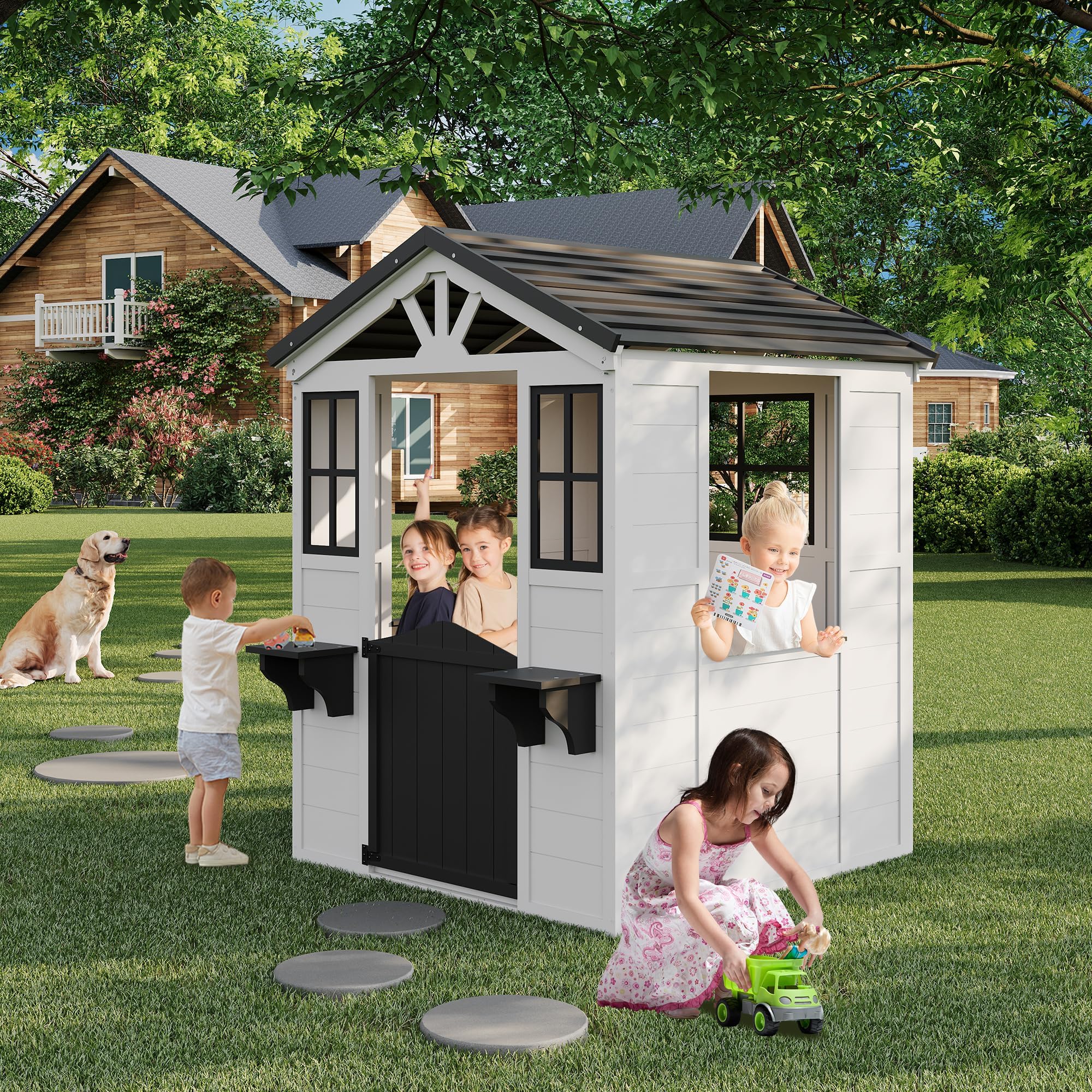 IDEALHOUSE Zedernholz Kinderspielhaus Outdoor - Landhaus-Cottage mit Veranda & Spielküche, Holländertür, Blumentopfhalter, wetterfestes Vinyl-Dach, einfache Montage - Weiß