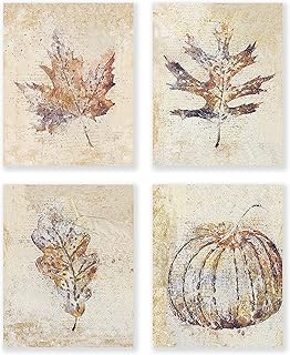 Fall Wall Art Prints Decor,Autumn Pumpkin Maple Leaf Vintage 8x10 Inch Poster Set Of 4, Farmhouse Rustic Bedroom Living Room Home Porch Office Fall Themed Decor