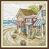 CrossNest 14CT Counted Cross Stitch Kit for Beginners, Unprinted Complete DIY Embroidery Set with Pattern & Tools, Premium Aida Cloth & Threads (Seaside Shop)