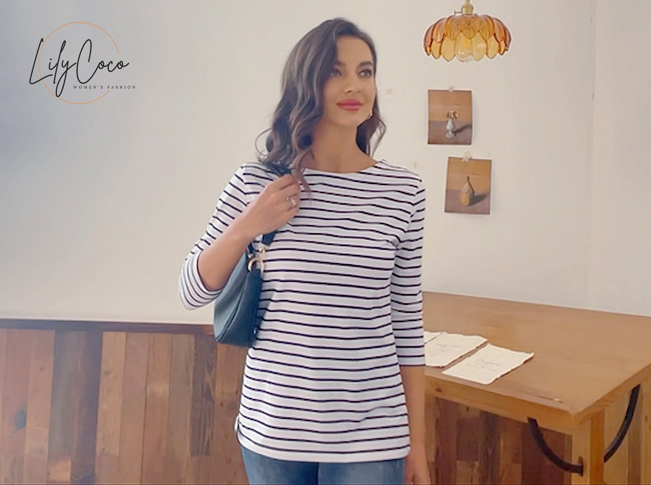 LilyCoco Womens 3/4 Length Sleeve Tops Striped Boatneck Shirt