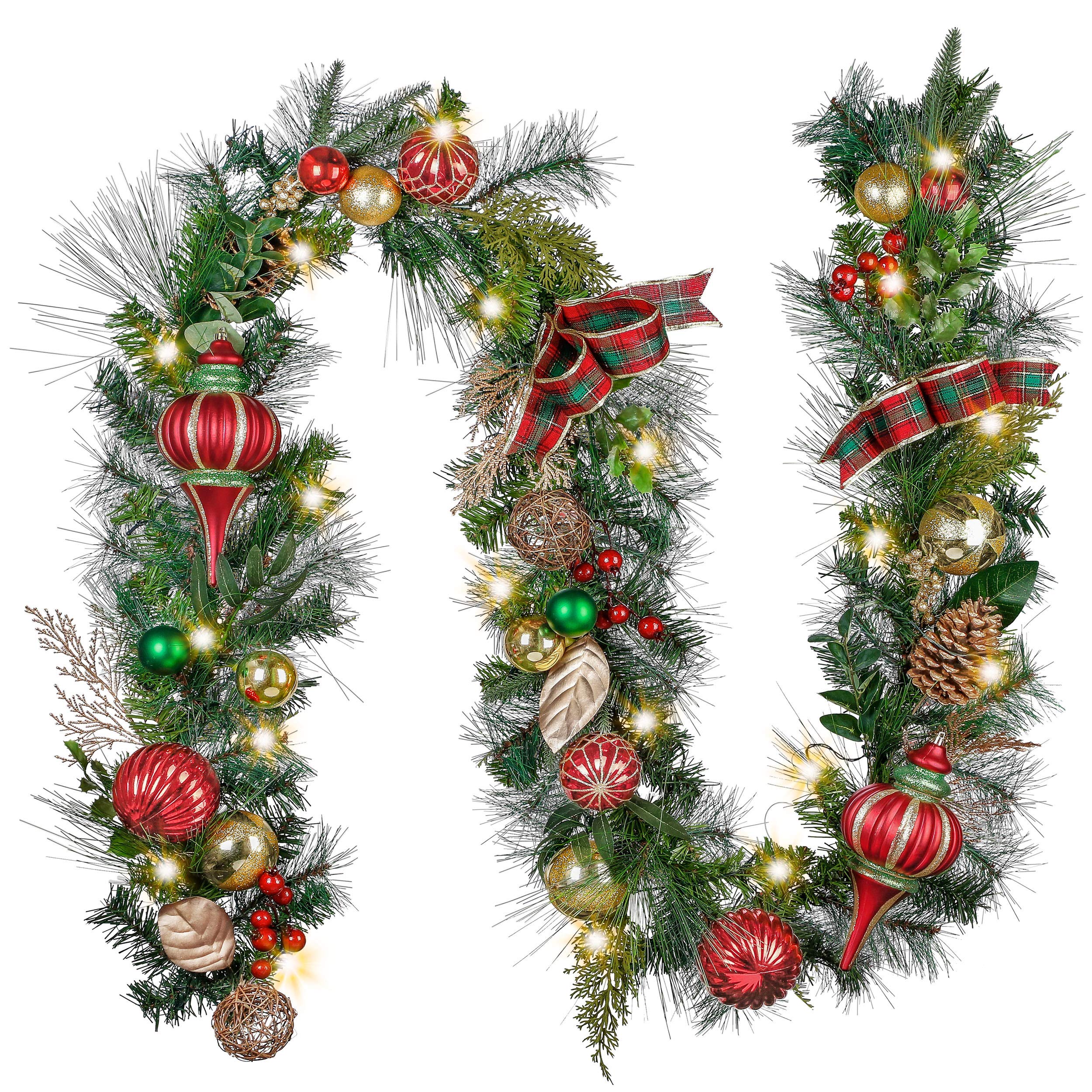 Valery Madelyn Pre-Lit 9 Feet Traditional Red Green Gold Christmas Garland with 40 LED Warm Lights and Ball Ornaments Berries for Front Door Window Fireplace Mantle Xmas Decor, Battery Operated