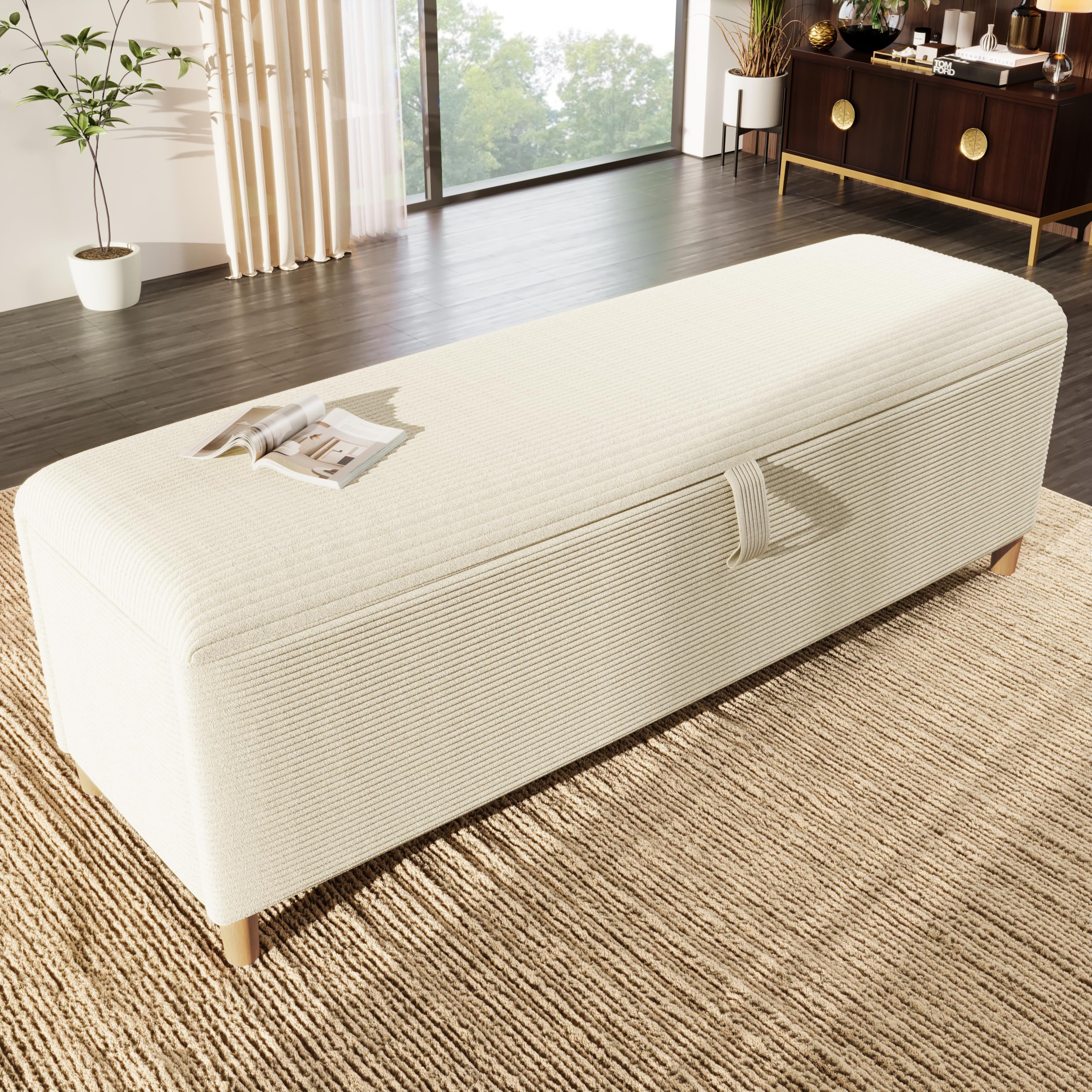 TIZZ Panca da letto 165 x 38 cm con spazio di archiviazione, panca imbottita con vano portaoggetti idraulico, adatta per camera da letto, soggiorno, corridoio, effetto cord beige