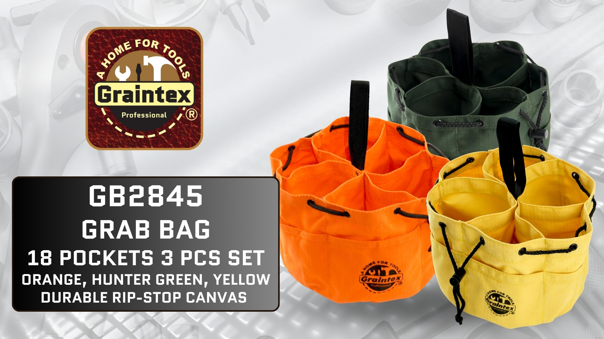 Graintex 18 Pocket Grab Bags Set of 3 Pcs Rip-Stop Canvas
