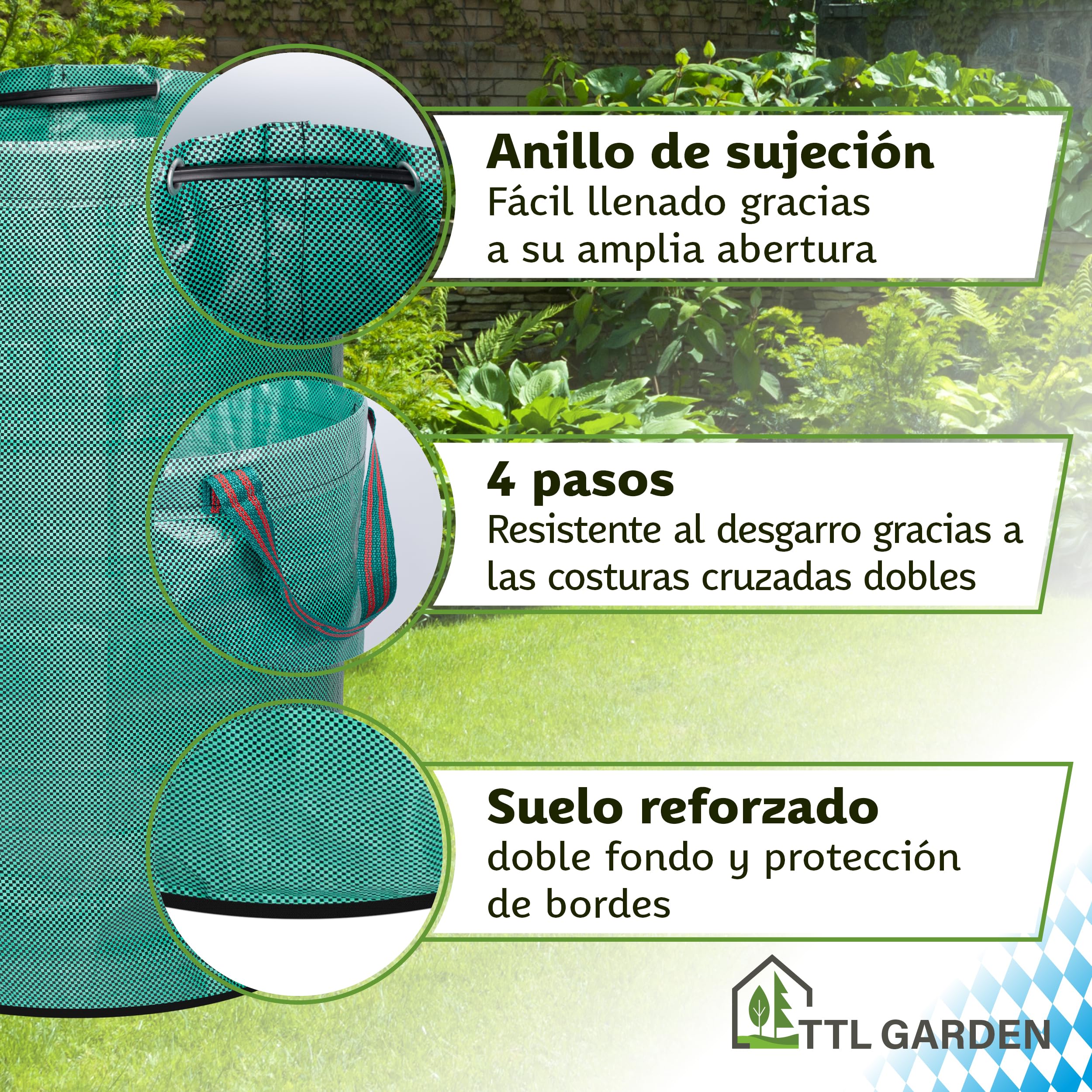 TTL Garden - Bolsas de jardín (500 L, doble fondo extra estable, autoportante, 4 asas de 150 g/m², extra grandes y robustas y plegables, juego de 2 bolsas de jardín, para hierba, hojas,