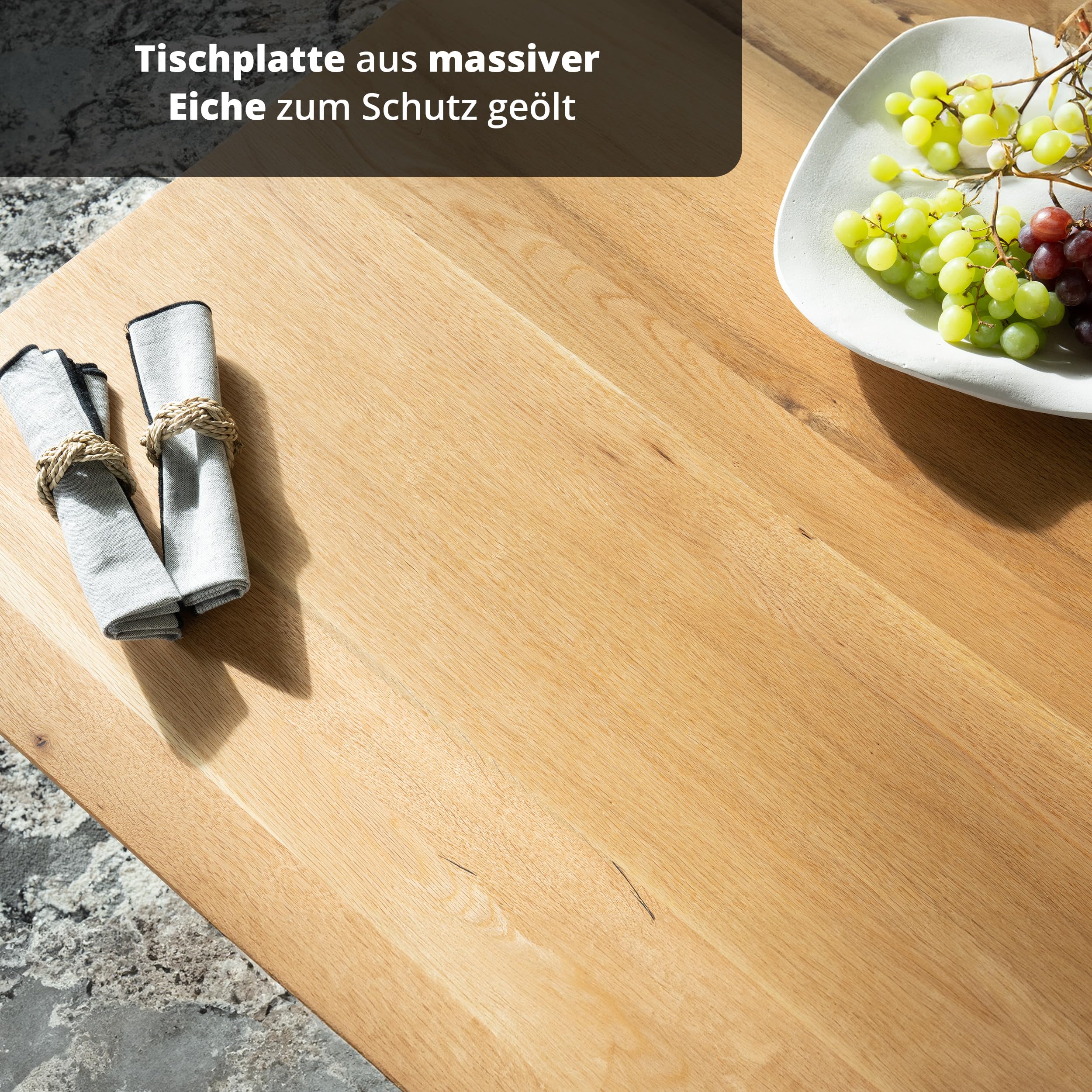 KHG Esstisch 160 x 90 cm Küchentisch aus massiver Eiche geölt - Schweizer Kante, Sterngestell Metall schwarz, Industrial Design, Tisch für 6-8 Personen, belastbar bis 50 kg
