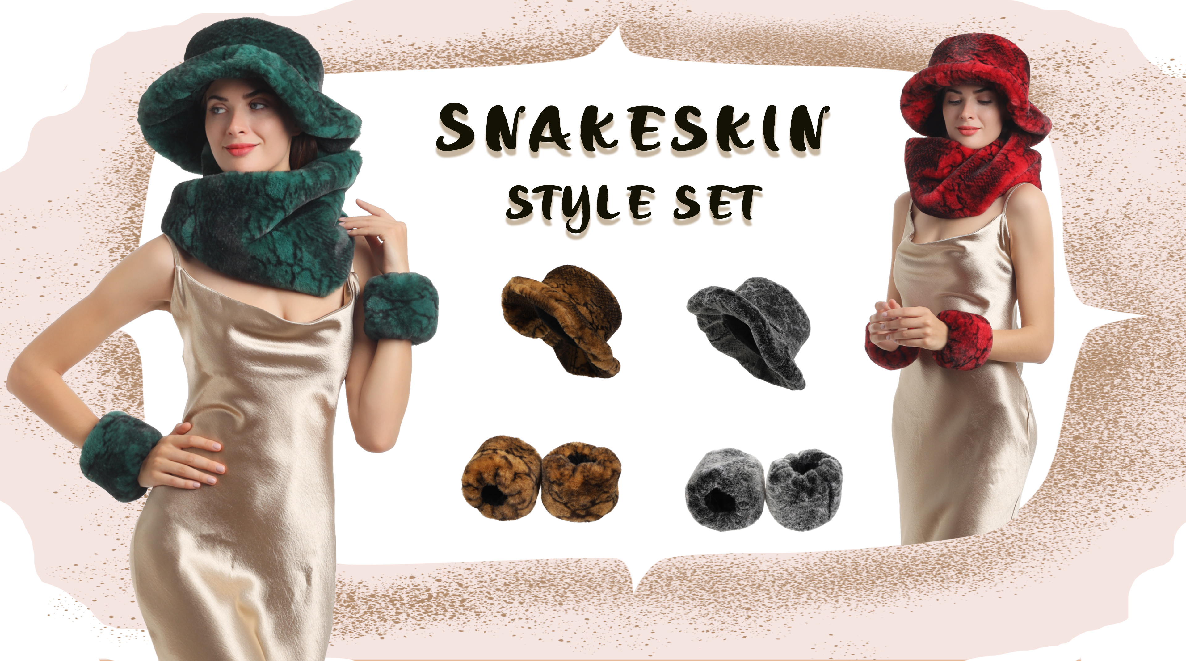 Snakeskin Print Faux Fur Bucket Hat HAOTAGS Fuzzy Bucket Hat for Women Furry Fur Bucket Hat  main image 3