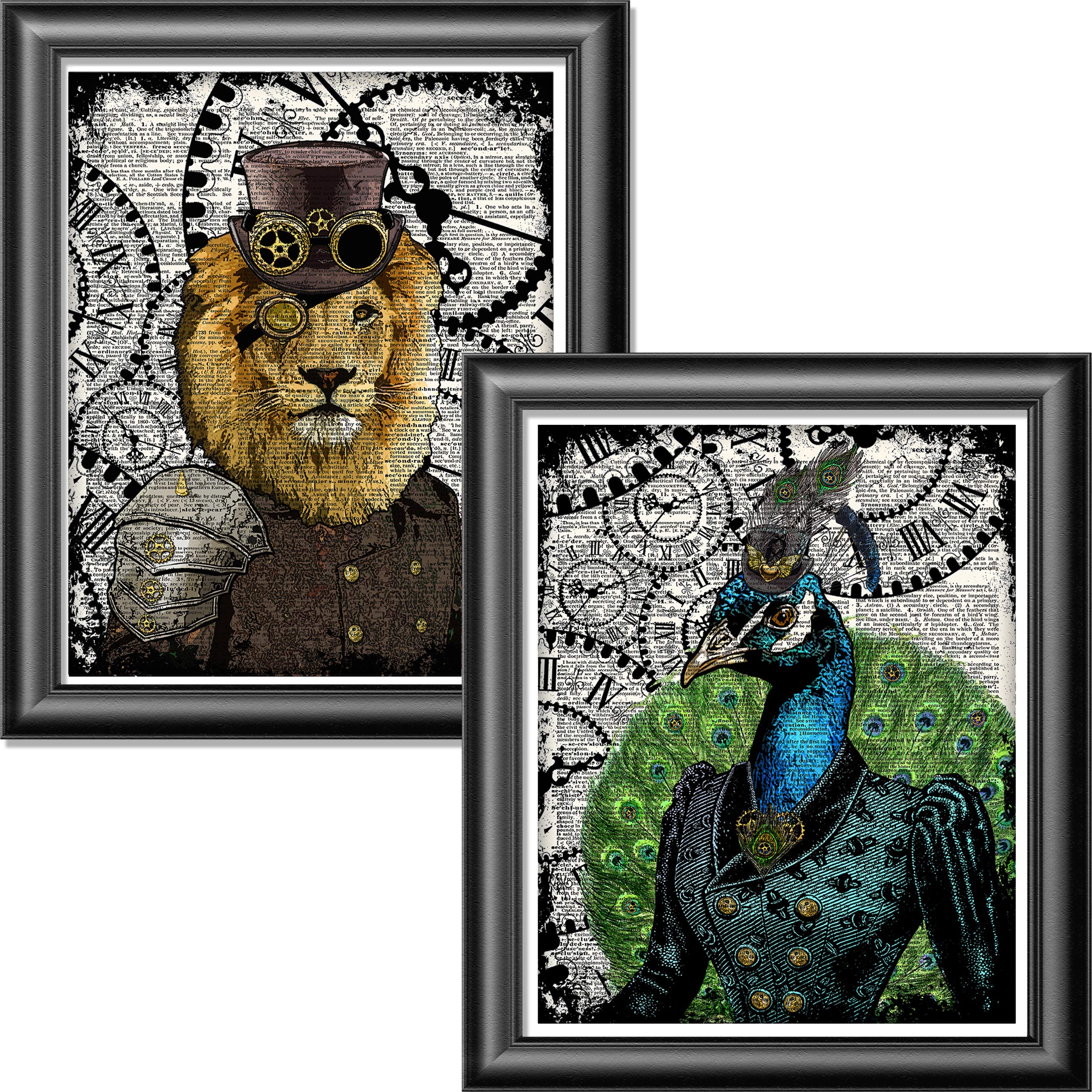 Set of 2 Art Prints Lion and Peacock Steampunk Wall Decor on Dictionary Book Pages