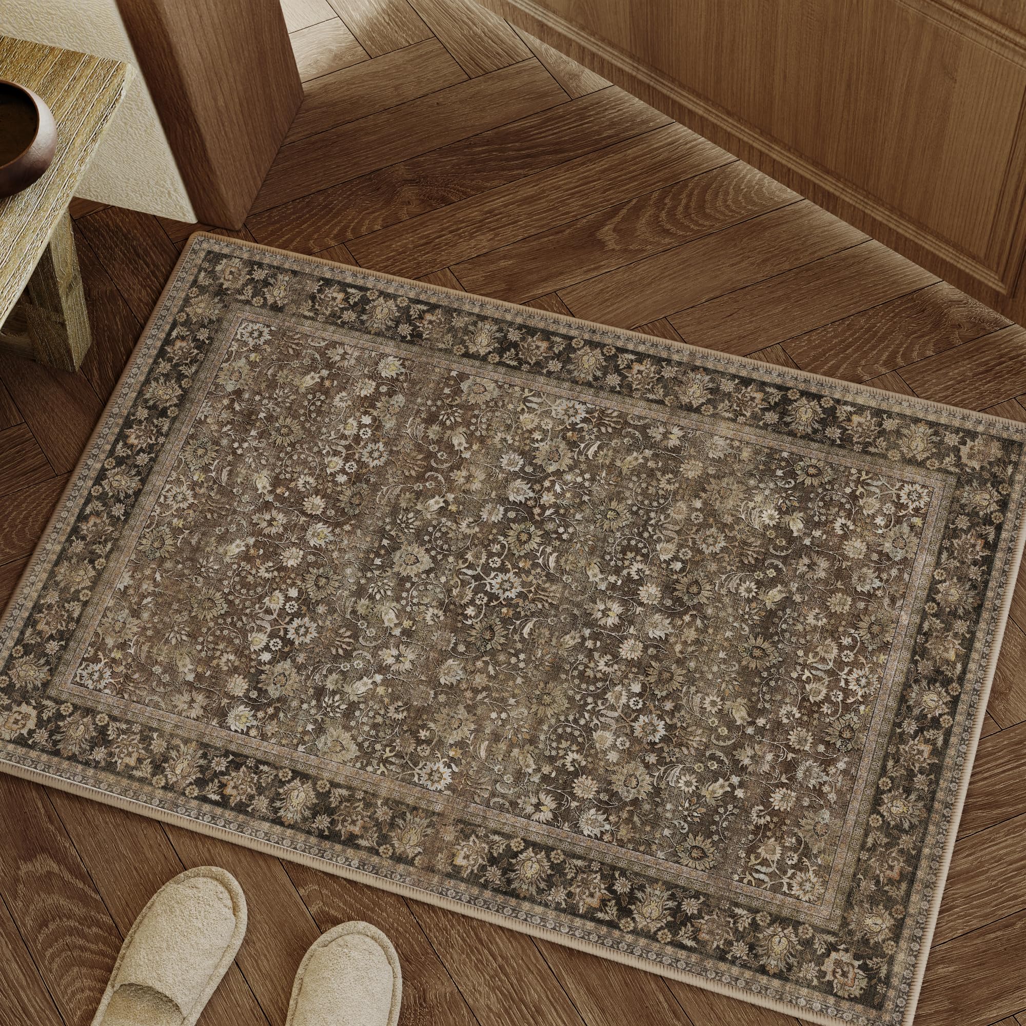 HUGEAR 2x3 Small Rug Machine Washable Area Rug Brown Entryway Rugs Entrance Door Mat Indoor Accent Rugs Floral Low Pile Carpet Distressed Throw Rug Kitchen Bedroom Office Non Slip