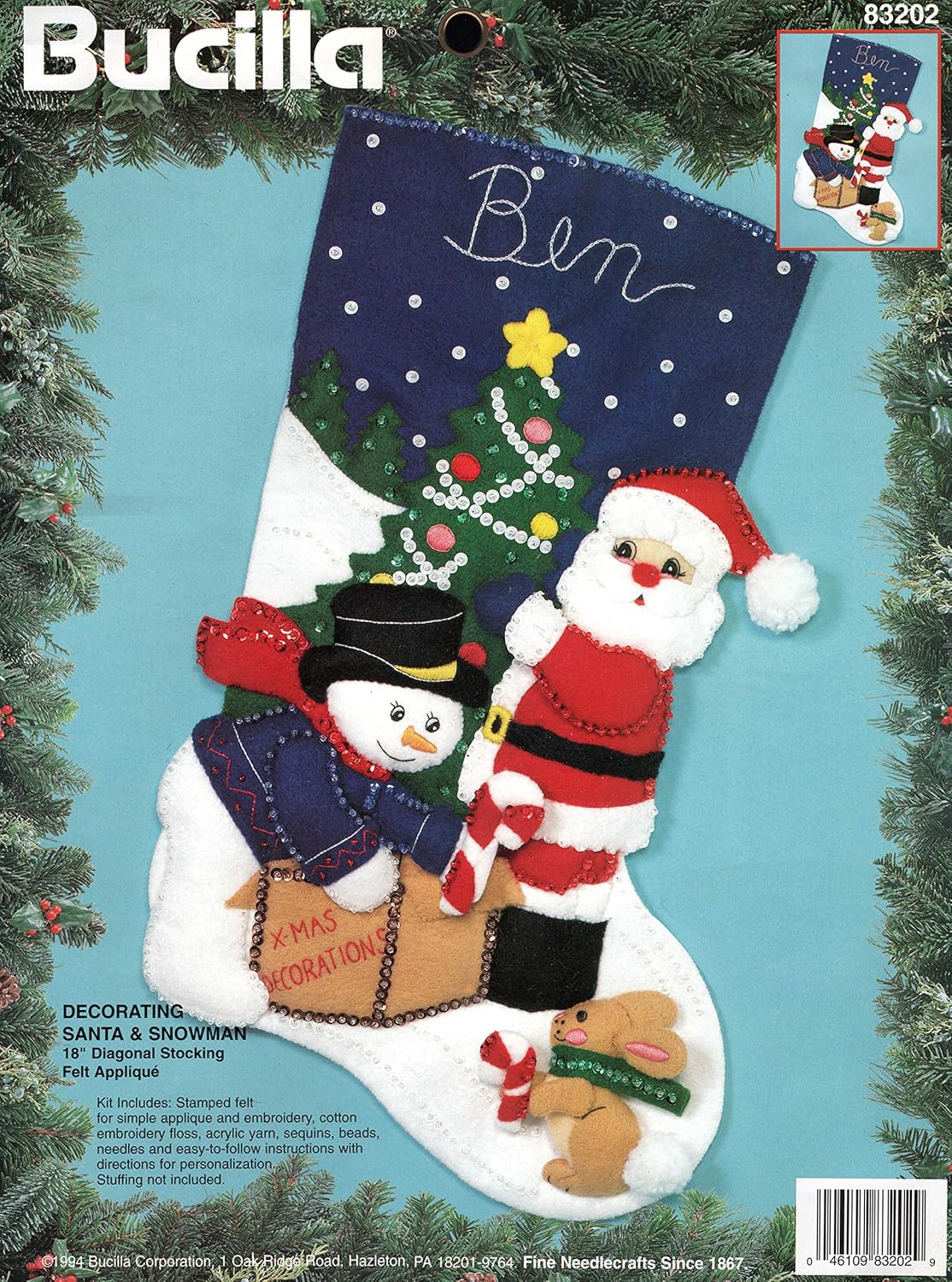 Bucilla "Decorating Santa & Snowman" Felt Applique Stocking Kit 83202