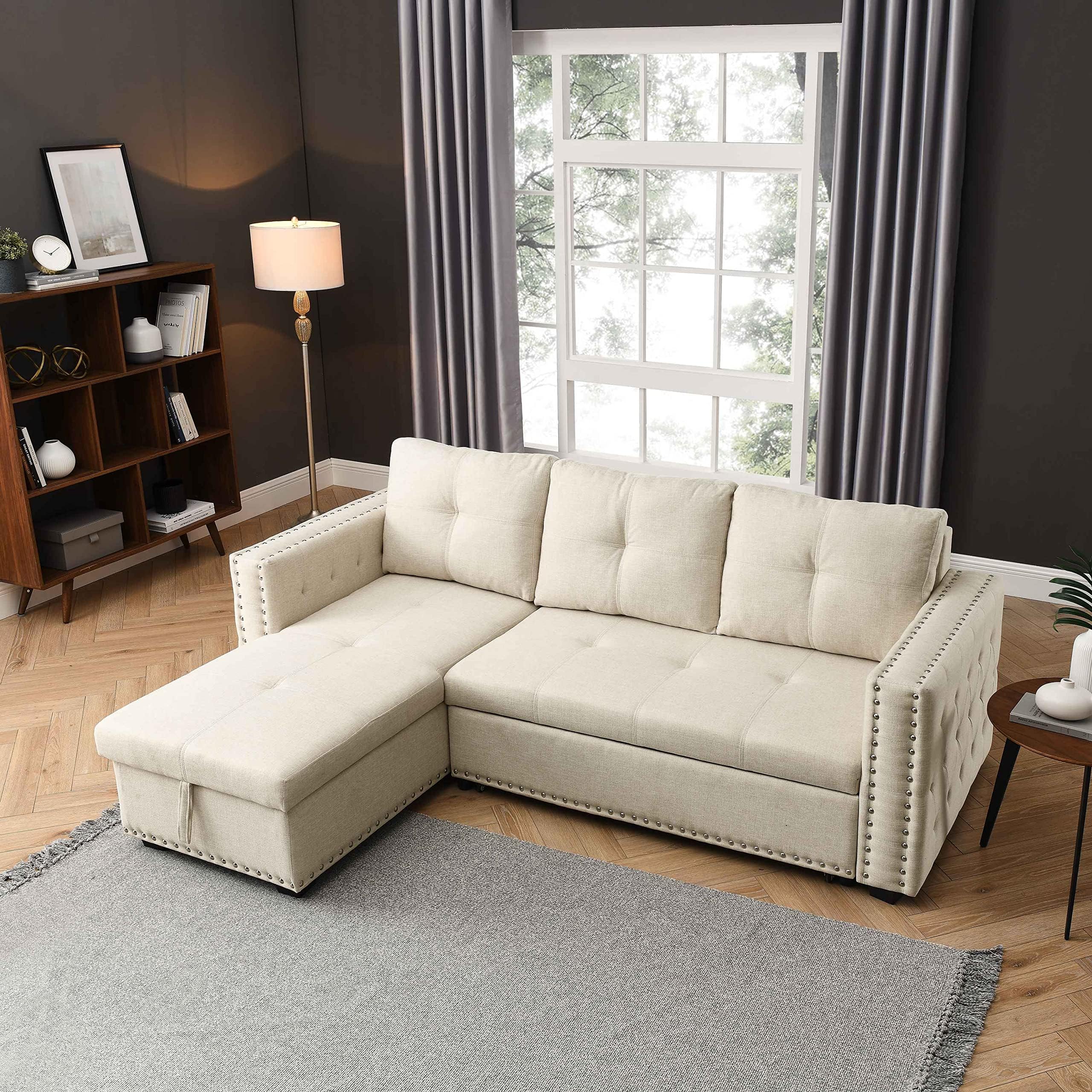 ATY Sectional Sofa with Pull Out Bed, Reversible L-Shape Sleeper Couch with Storage and Chaise, Save Space for Living Room Office, Beige