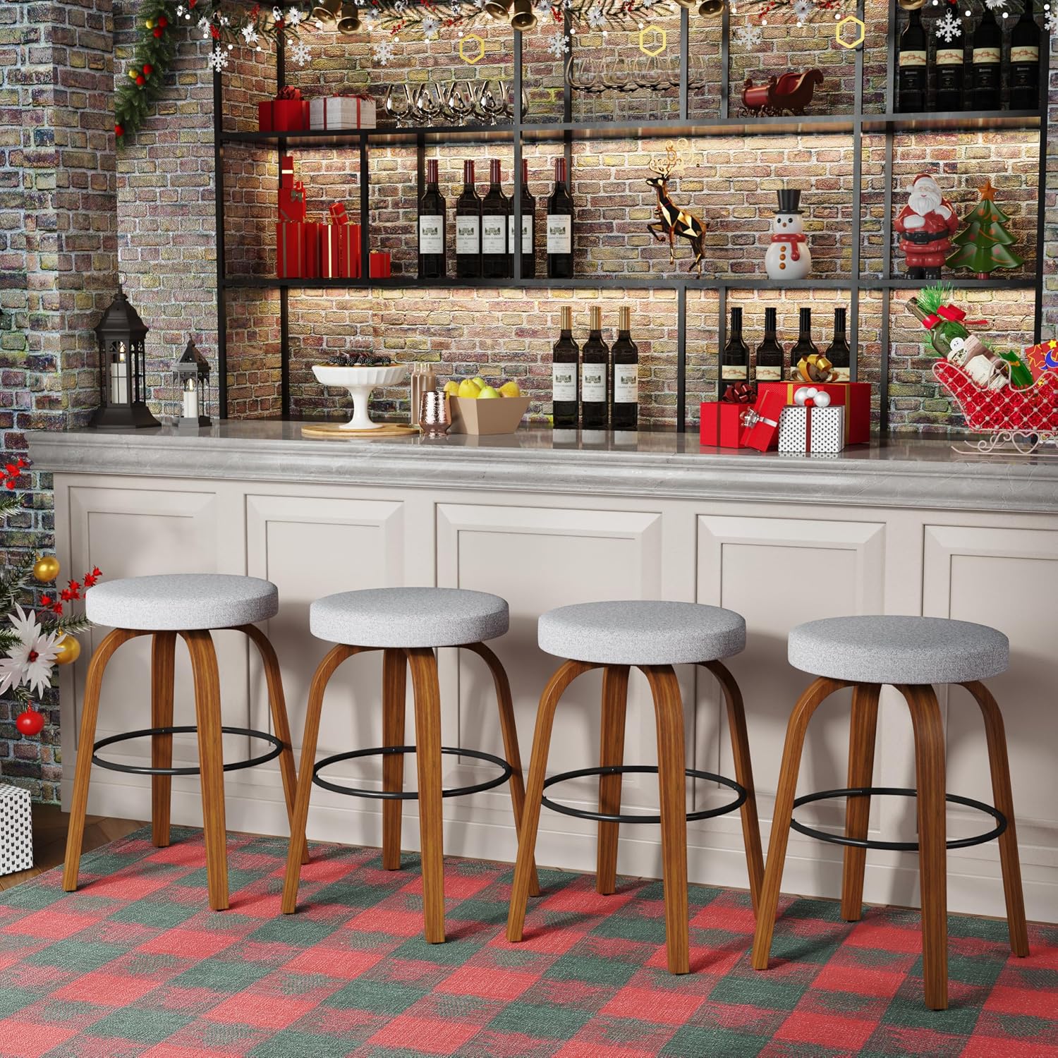 Swivel Bar Stools Set of 2, 26 Inch Counter Height Backless Bar Stools, Fabric Upholstered Seat, Sturdy Curved Wood Legs, Mid-Century Modern Island Stools for Kitchen Bar, Dining Room, Gray