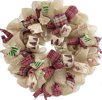 26 Inch Winter Front Door Wreath Winter Mesh Wreath with Red Black Buffalo Plaid, Artificial Spring Wreaths for Door Wall Window Hanging Decor