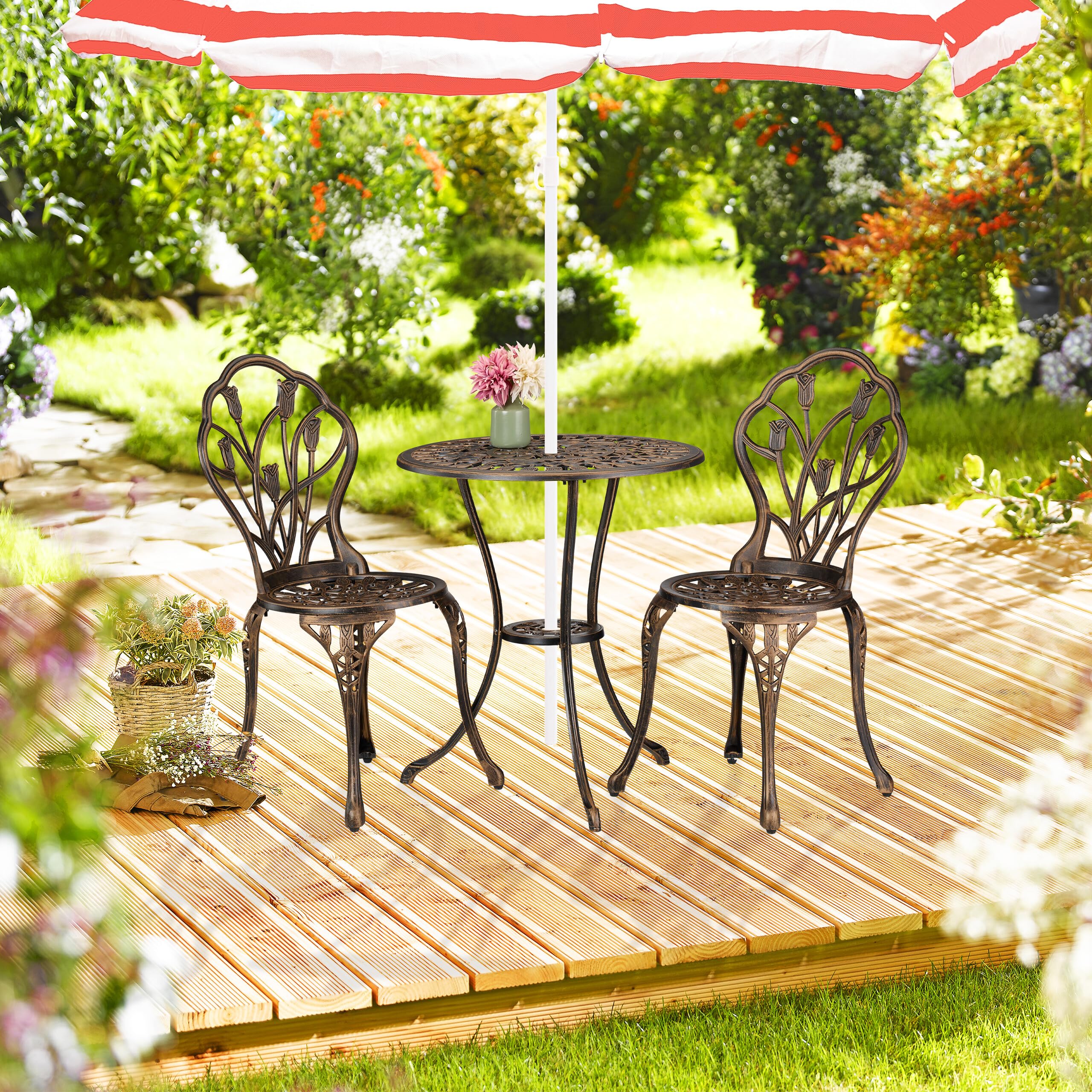 Relaxdays 3-częściowy zestaw mebli ogrodowych, stół, 2 krzesła, odlew aluminiowy, meble balkonowe, antyczny design, zestaw mebli ogrodowych, czarny/brąz