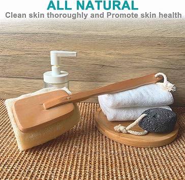 3 Pack Natural Exfoliating Loofah luffa loofa Bath Brush On a Stick - with Long Wooden Handle Back Brush for Men & Women - Shower Sponge Body Back Scrubber