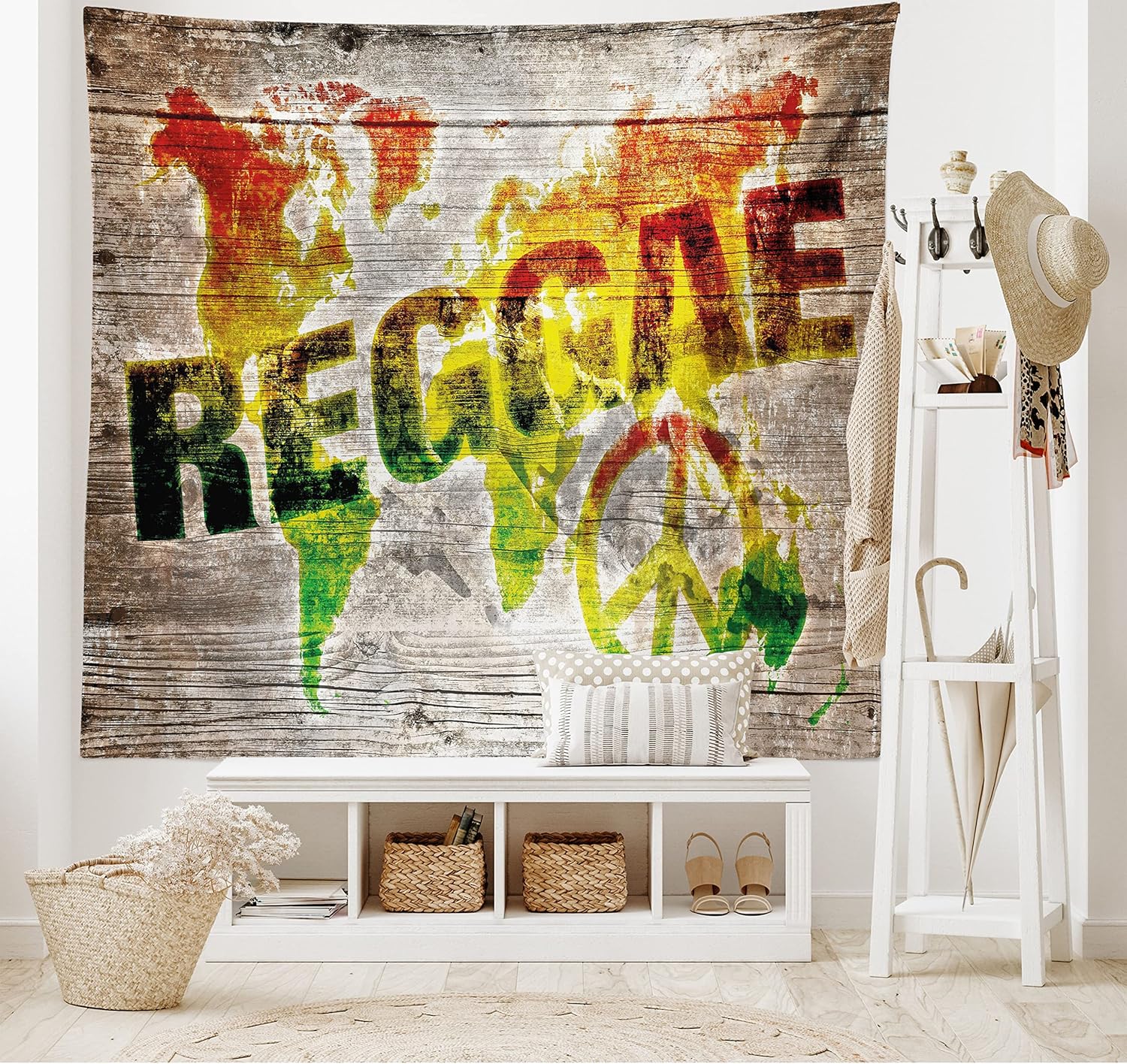 Ambesonne Rasta Tapestry, World Map on Plaques Reggae Lettering and Peace, Wide Wall Hanging for Bedroom Living Room Dorm, 80" X 60", Pale Brown Orange