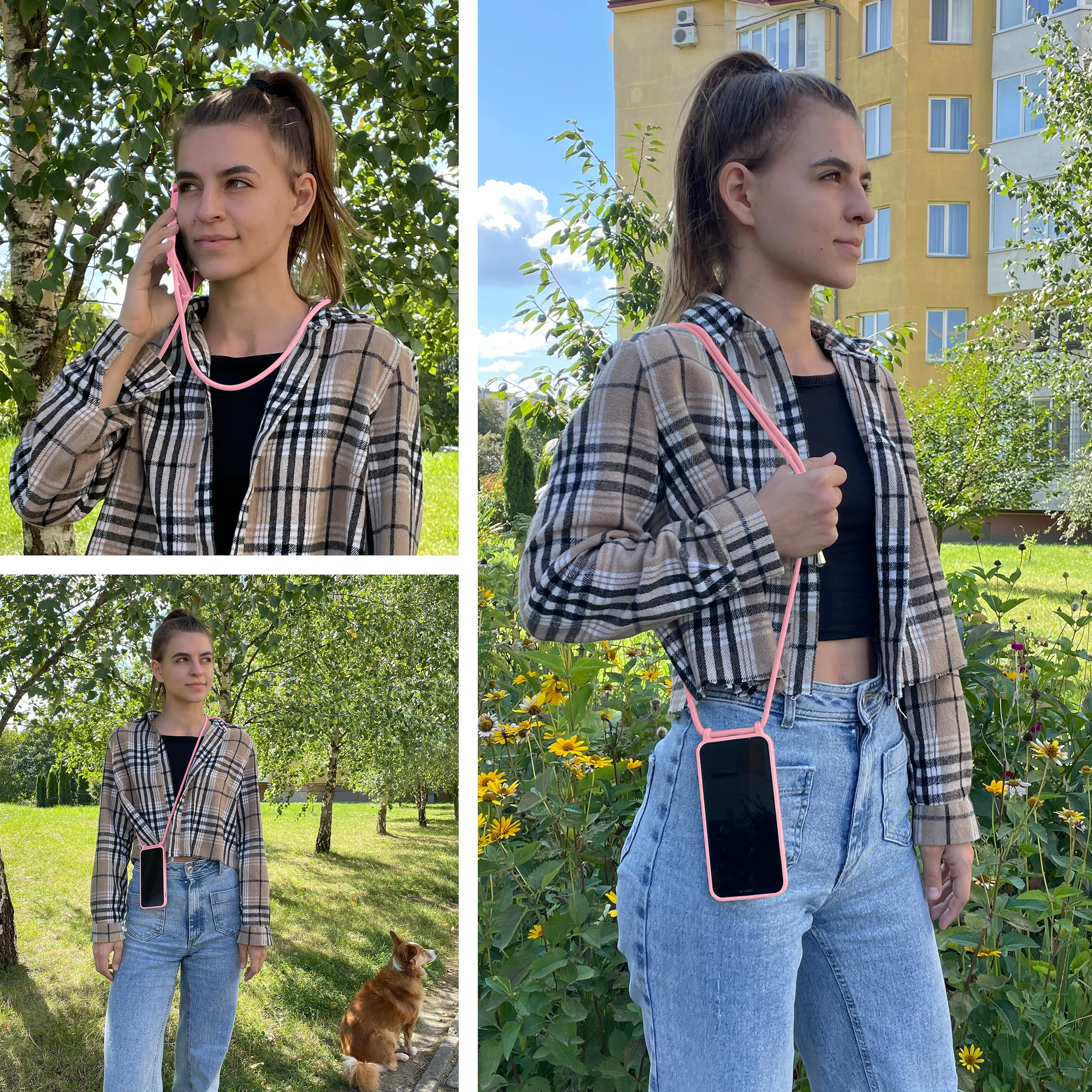 MyGadget smycz do telefonu dla Apple iPhone 15 Pro Max - [ Etui z regulowanym paskiem ] - TPU etui z paskiem do zawieszenia - Sznurek pokrowiec ochronny - róża