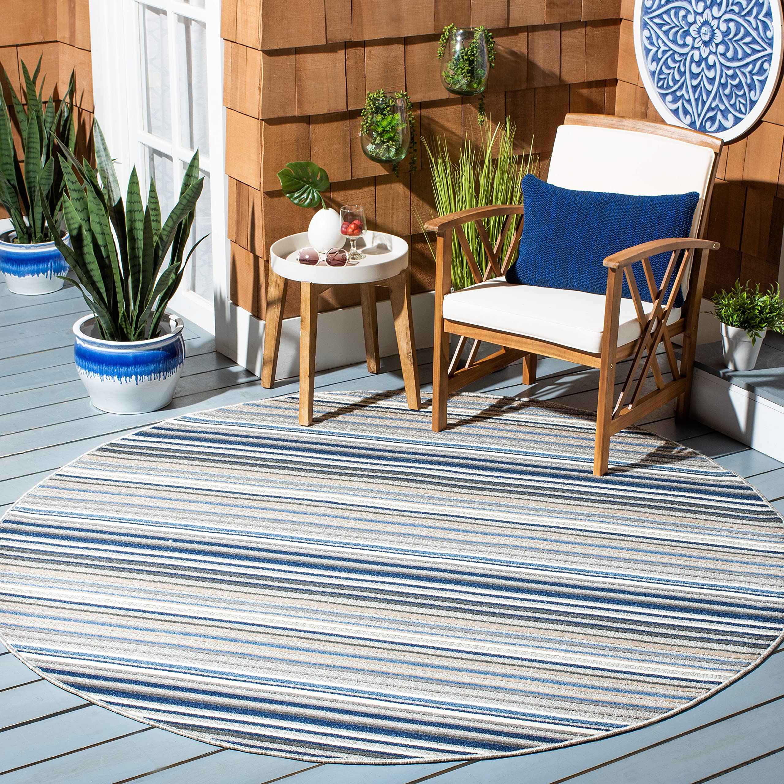 SAFAVIEH Washable Rug Outdoor Cabana Collection - 3' Round, Grey & Blue, Non-Shedding & Easy to Clean, Ideal for Patio, Backyard, Mudroom (CBN323F)