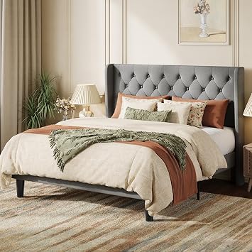 SHA CERLIN Full Upholstered Bed Frame, Button Tufted Design, Light Grey