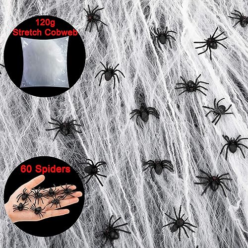 Tela de araña elástica de 400 pies cuadrados y 60 arañas falsas de goma extra, tela falsa para Halloween decoración interior y exterior