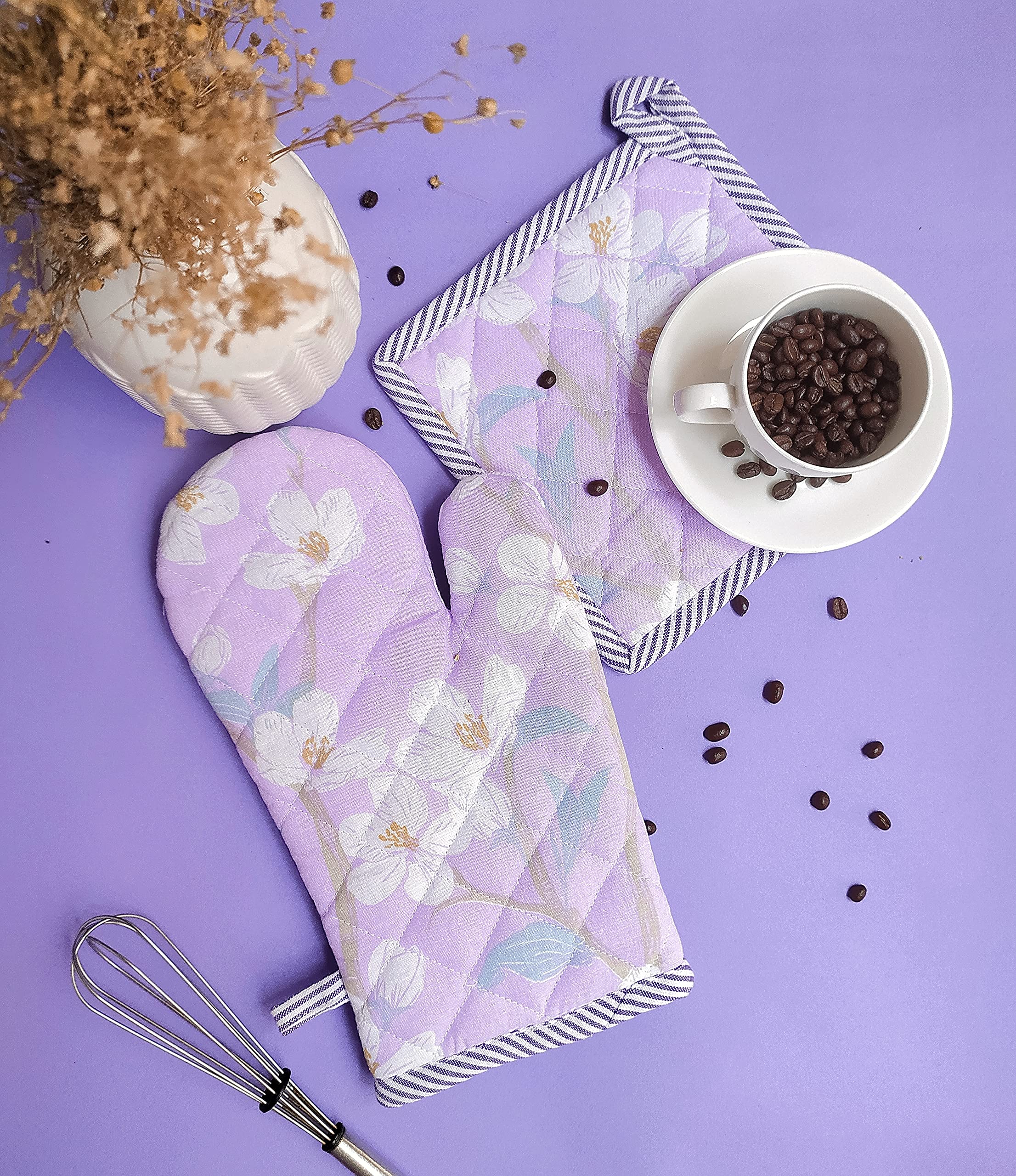 PIXEL HOME DECOR Cherry Blossom Collection Printed Oven Mitt and Pot Holder (Lilac Blossom)