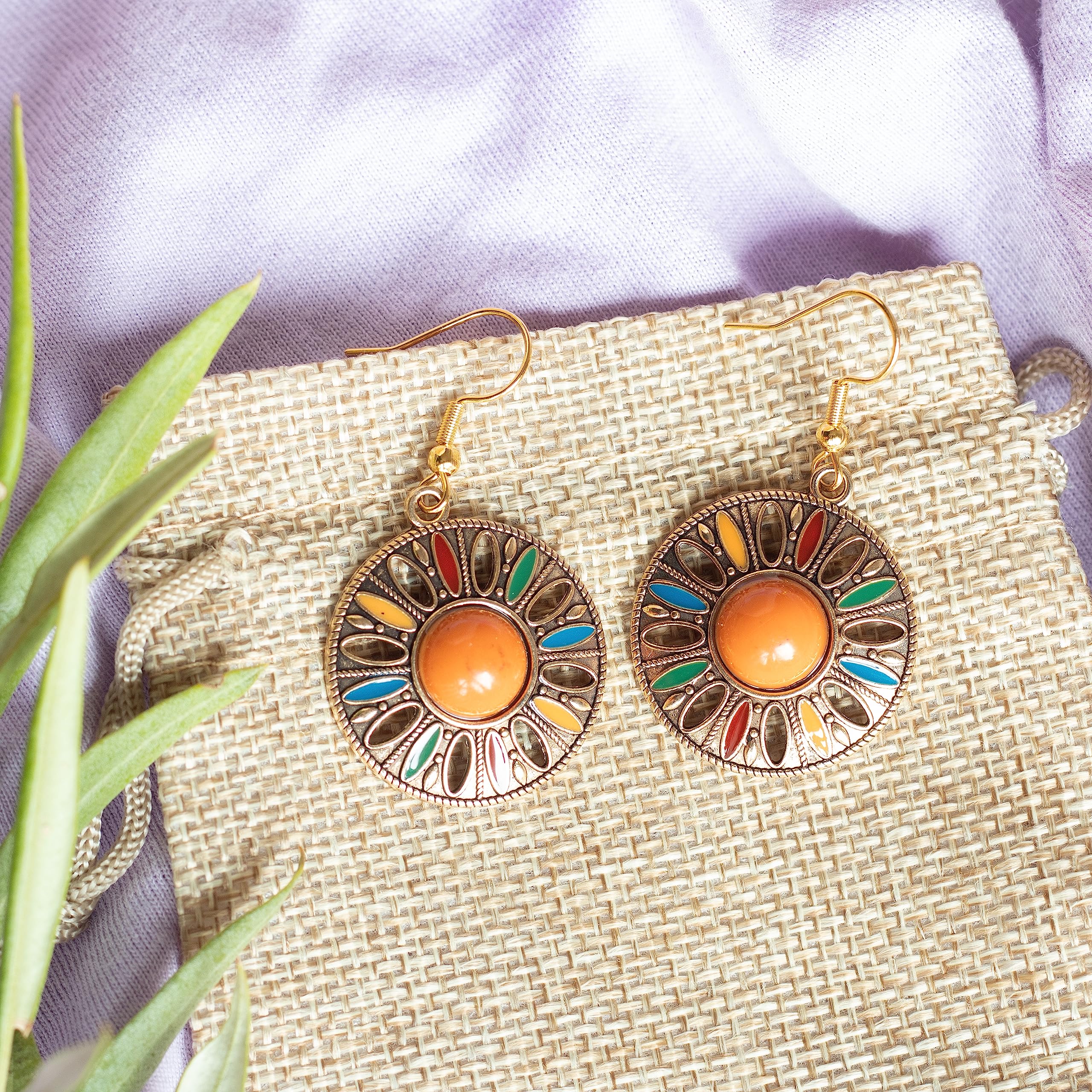 ZARZAMORA Pendientes Bohemio Vintage Plata Tibetana Acero Inoxidable Colgantes Redondos Esmaltados Colorido Regalo Original