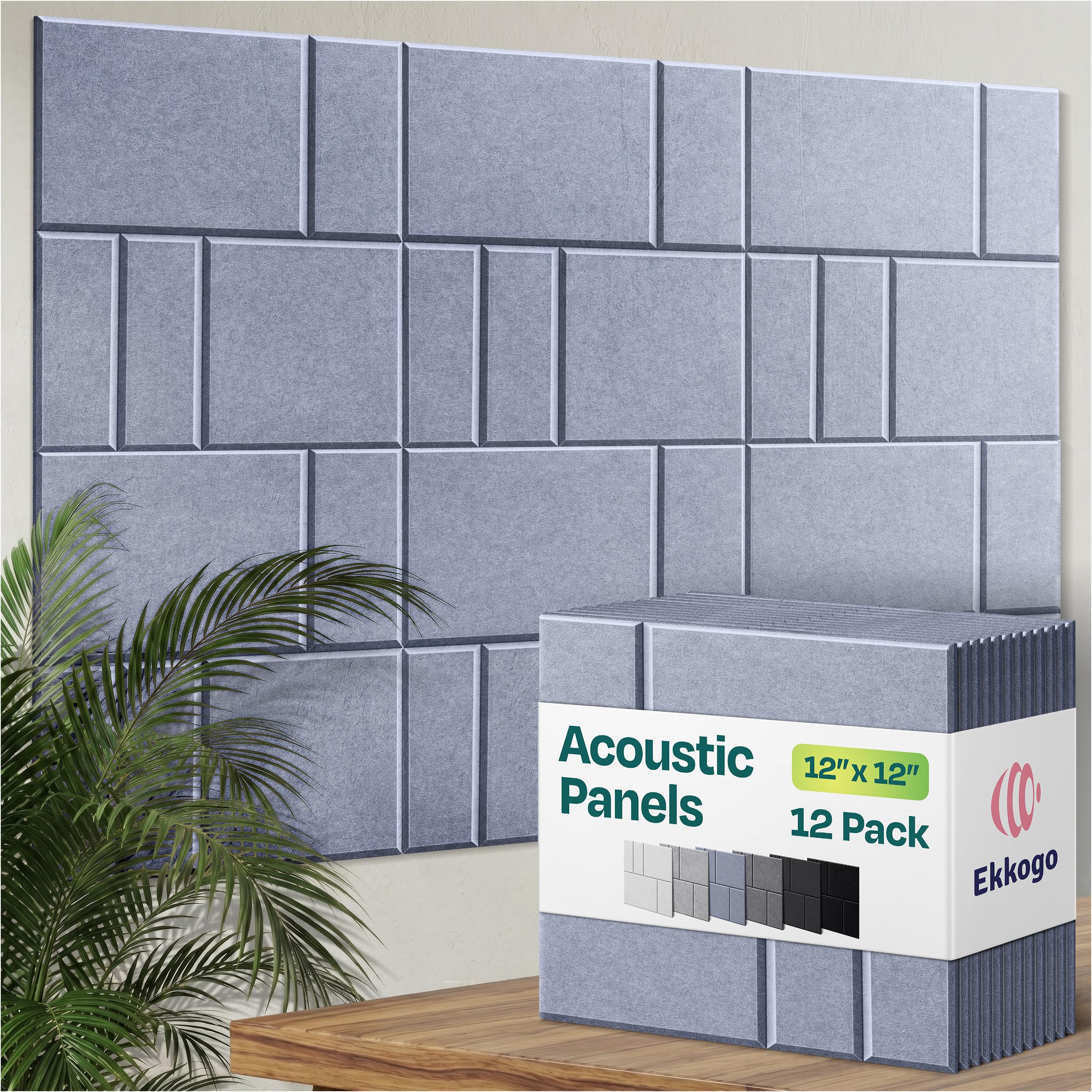 Acoustic Panels 12-Pack Soundproof Wall Panels 12"x12"x0.4" Decorative Sound Dampening for Your Home, Office, Studio, Bedroom &amp; More with Unique GridFrame Carving [Dusky Gray]