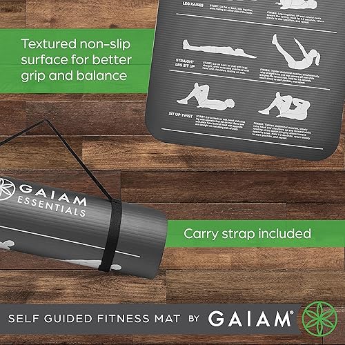 Miniatura 3 de Gaiam Essentials - Tapete de fitness autoguiado  Tapete de yoga y ejercicio de 0.394 in de grosor con textura antideslizante y correa de fácil