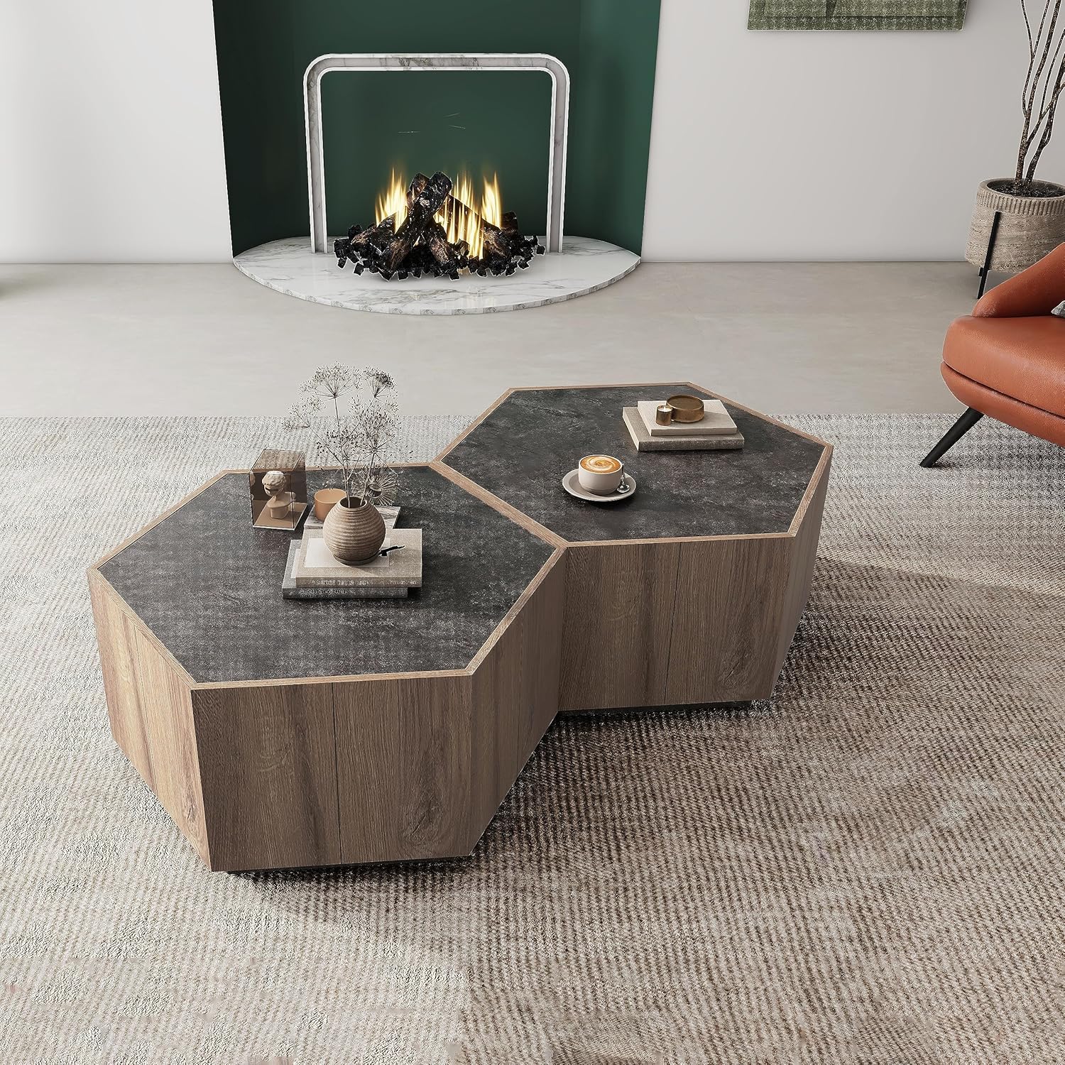 Amazon.com: Yoglad Hexagonal Small Coffee Table Set of 2 with 4 Drawers ...
