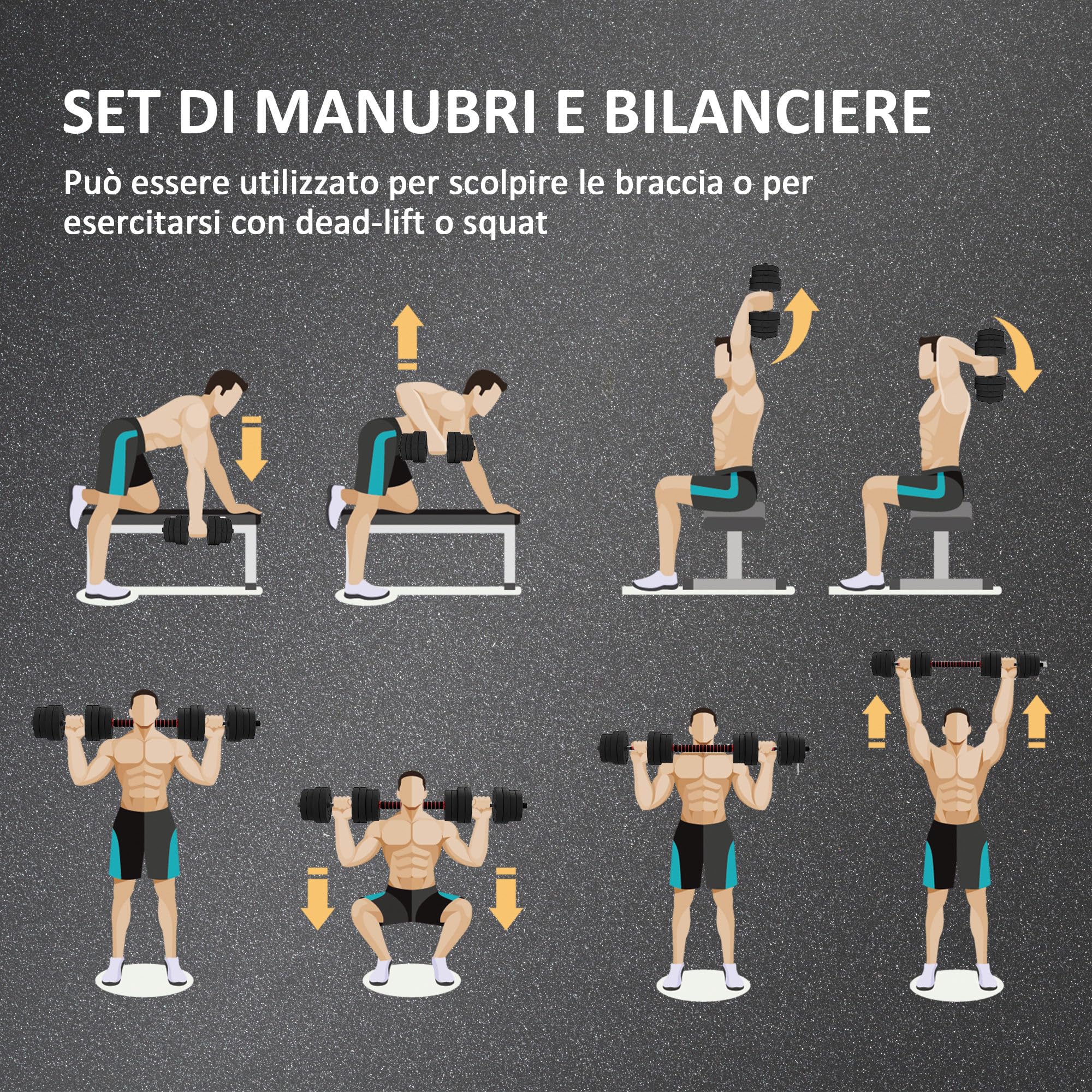 HOMCOM Set Manubri 2 in 1 da 20/25/30kg Totali con Dischi Pesi e Connettore, Set Manubri Regolabili Utilizzabile come 2 Manubri, Bilanciere, Palestra in Casa, Nero
