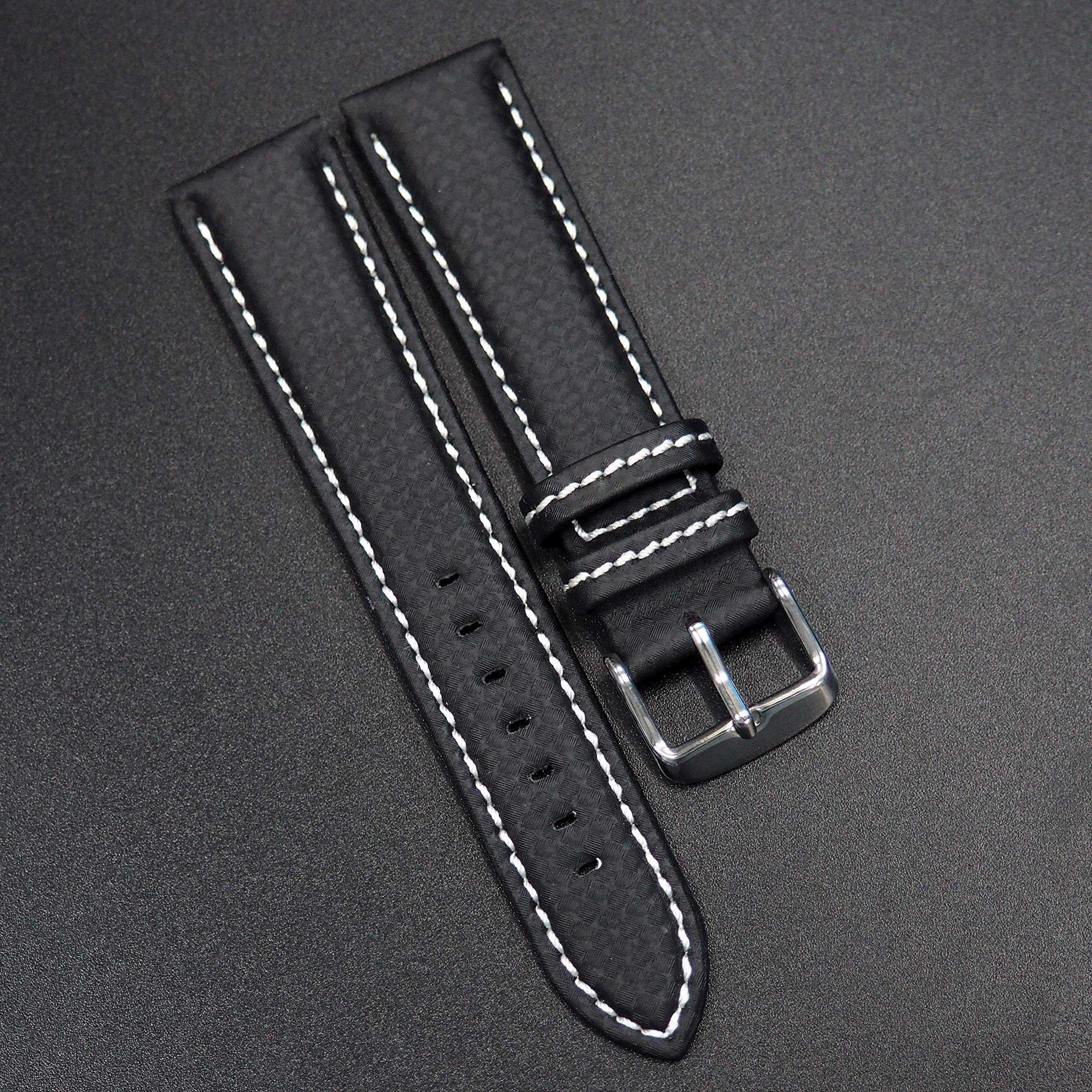 22mm Black Carbon Fiber/White Stitching Watch Strap