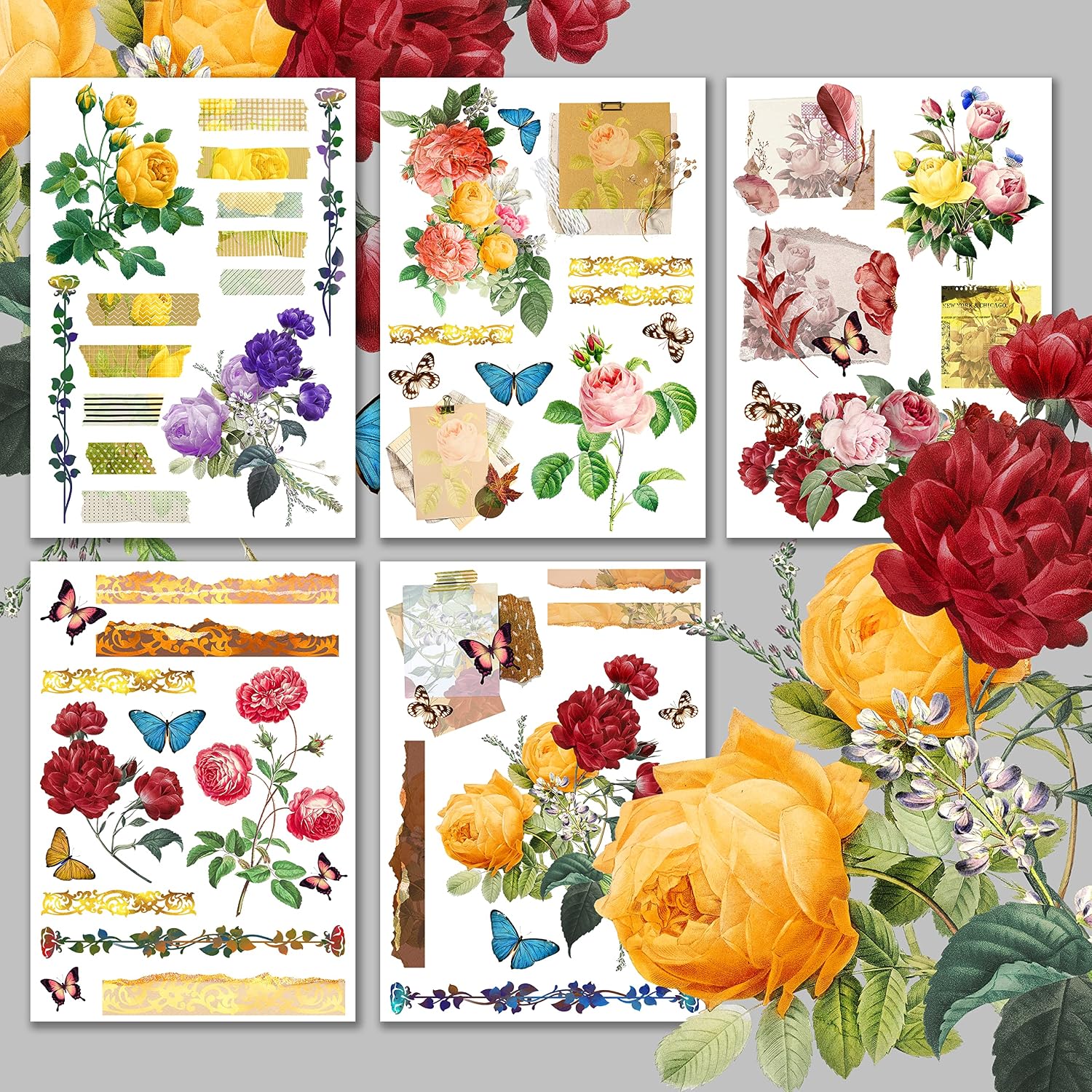 Decoupage Paper Pack (15 Sheets 8"x11") Roses and Vintage Papers HANATABA Vintage Art Deco Styled Ephemera Pictures for Decoupage Craft and Scrapbooking