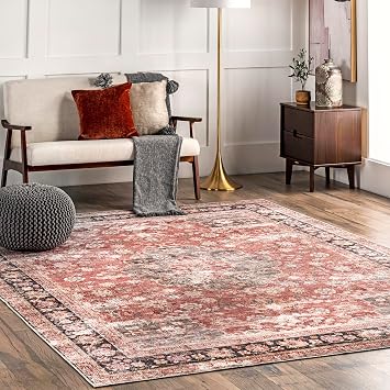 nuLOOM Emelina Traditional Oriental Style Machine Washable Ultra Thin Area Rug, 8 x 10, Red